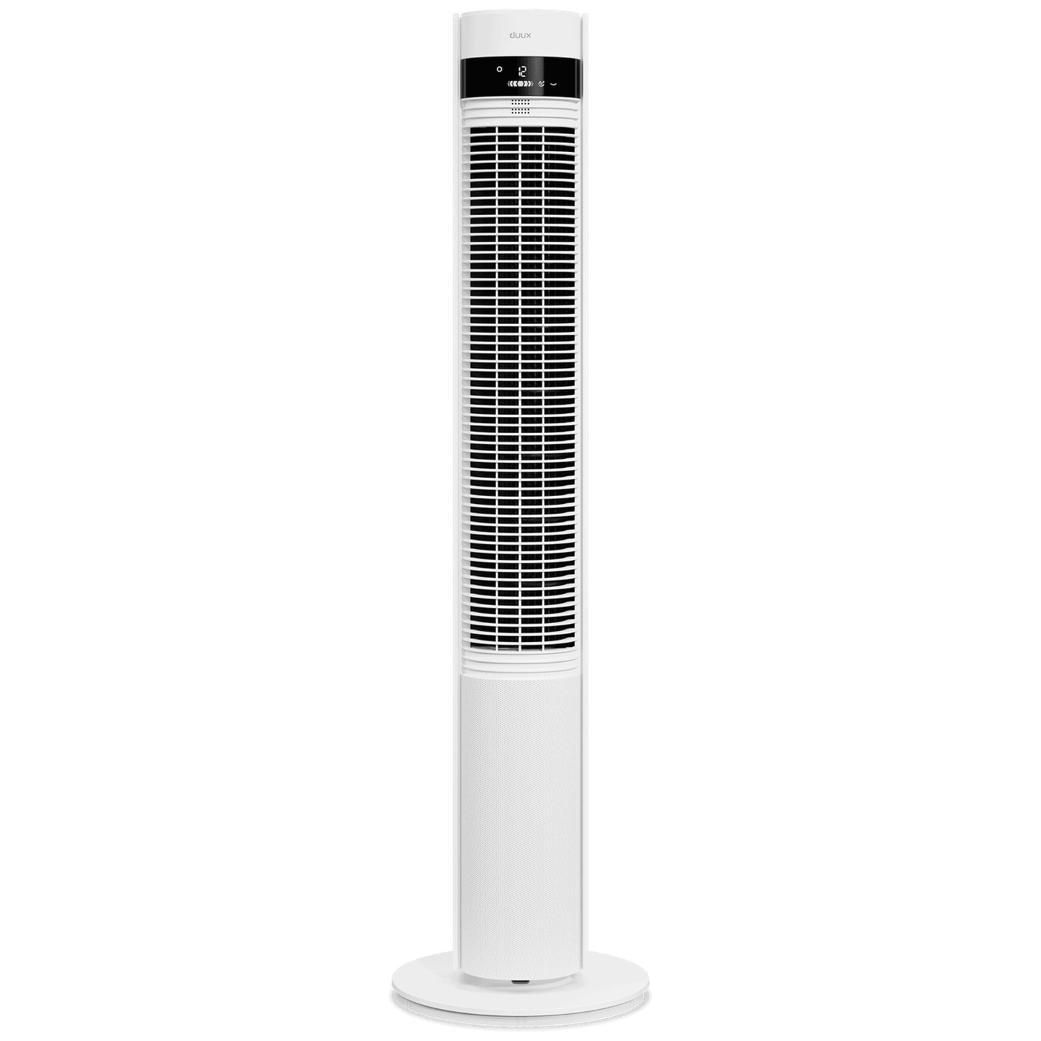 Un ventilateur tour blanc et fin avec grille noire et écran numérique.