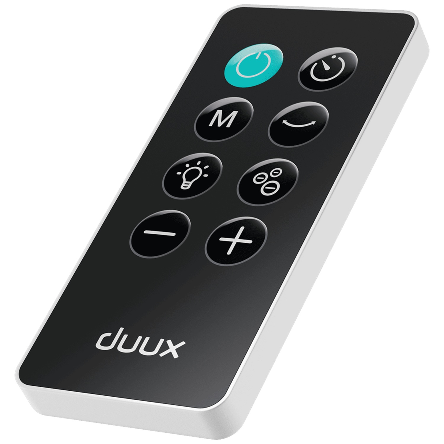 Télécommande noire avec icônes et logo Duux.