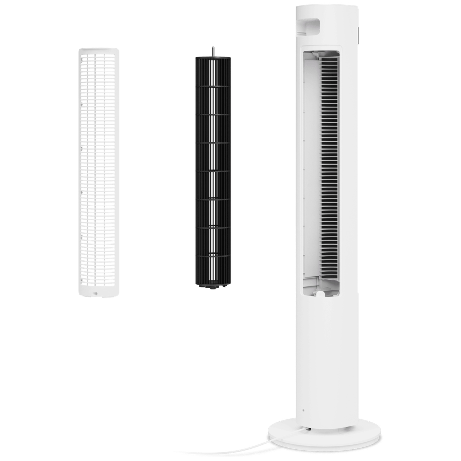 Un ventilateur tour blanc avec pièces détachées : pale et grille.