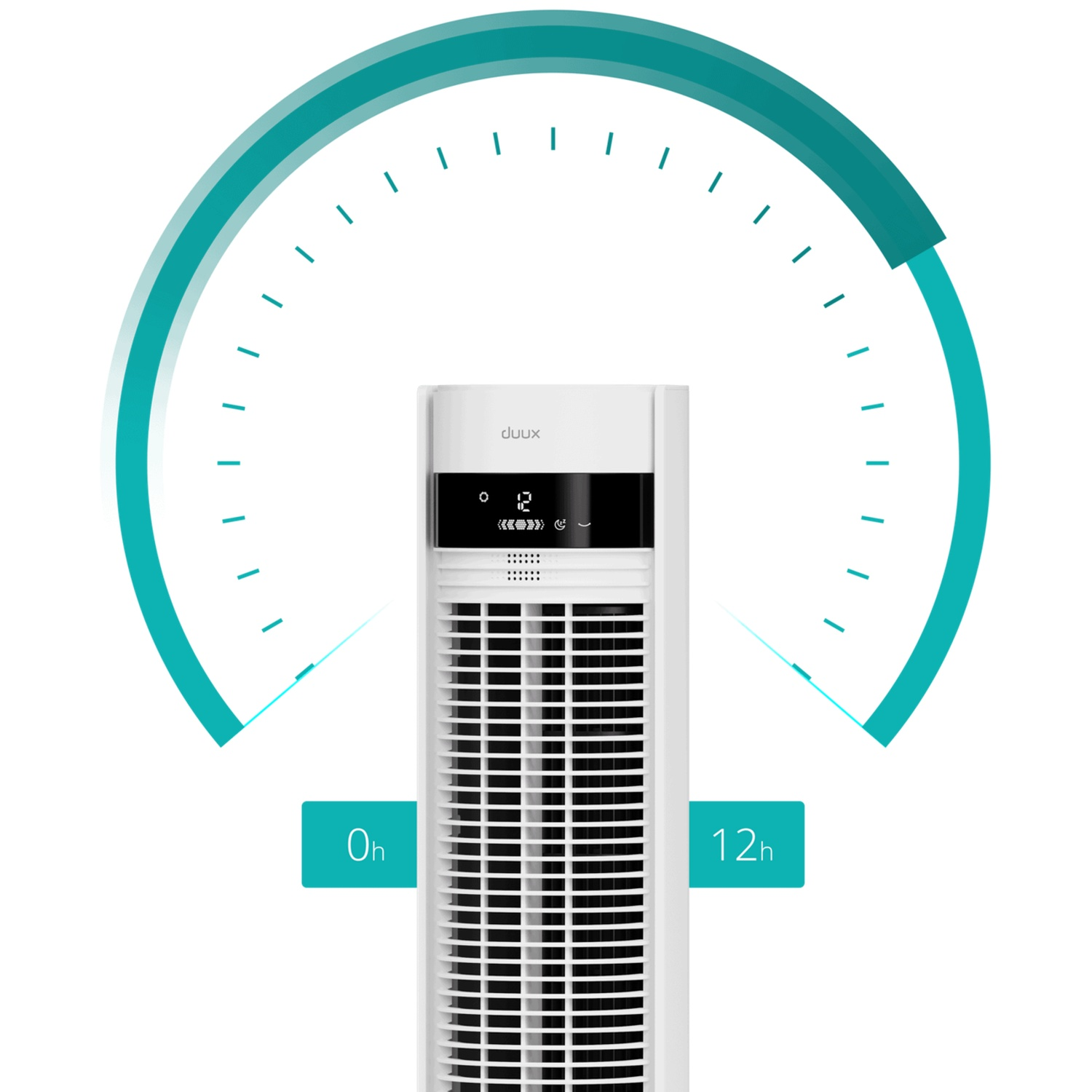 Un ventilateur tour blanc avec écran numérique et minuterie 0h-12h.