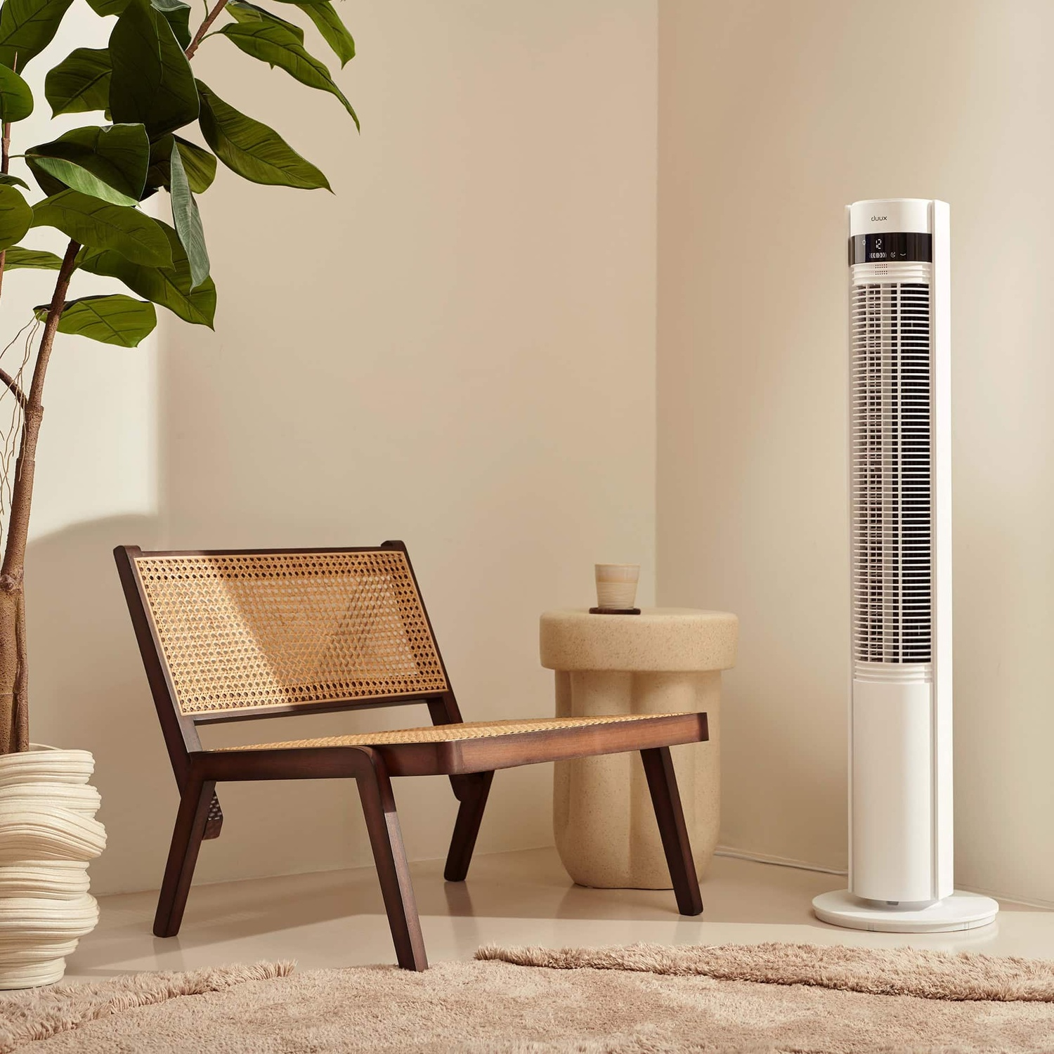 Une pièce lumineuse avec une chaise en rotin marron, un grand ventilateur et une plante.