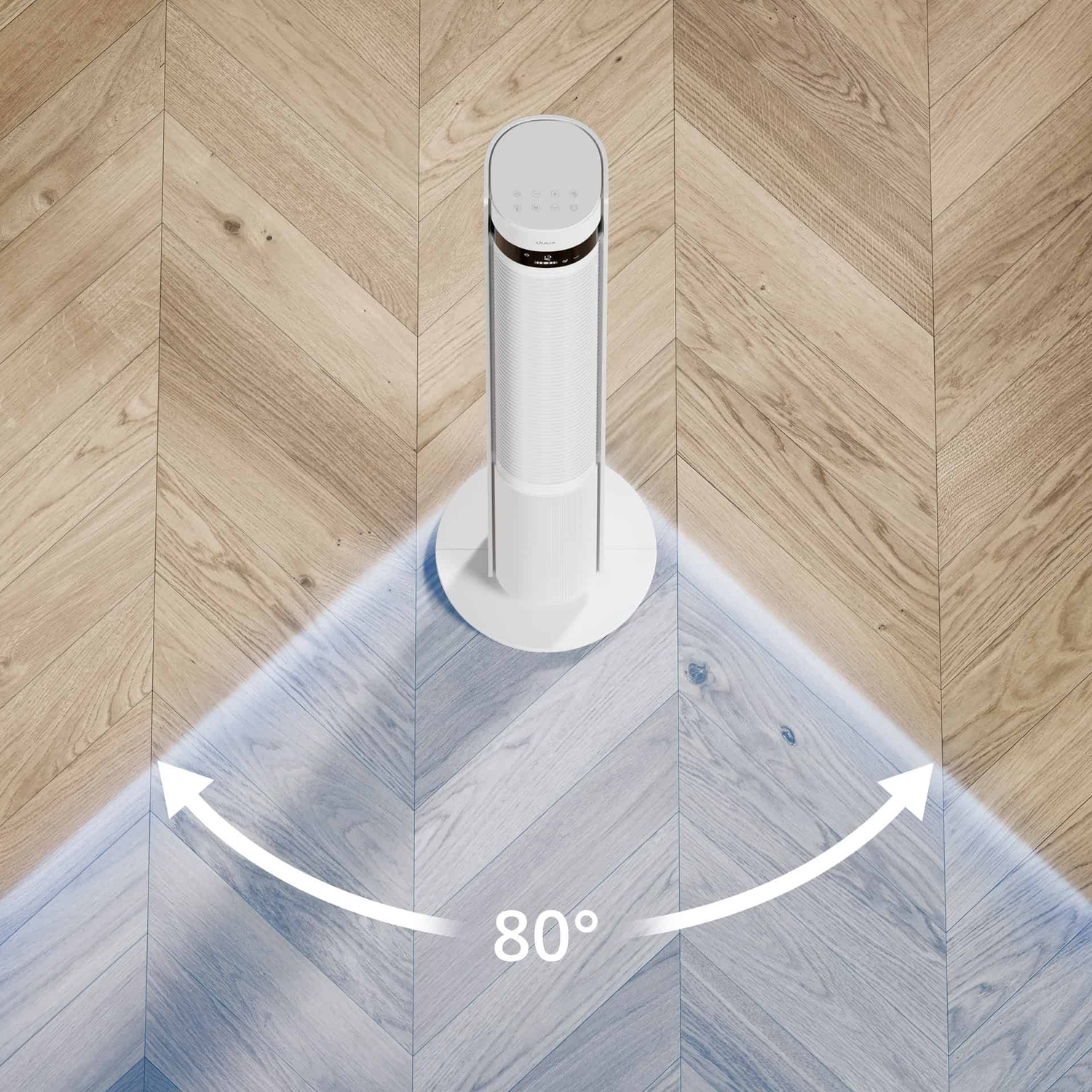 Un ventilateur tour blanc sur un parquet, indiquant un balayage de 80 degrés.