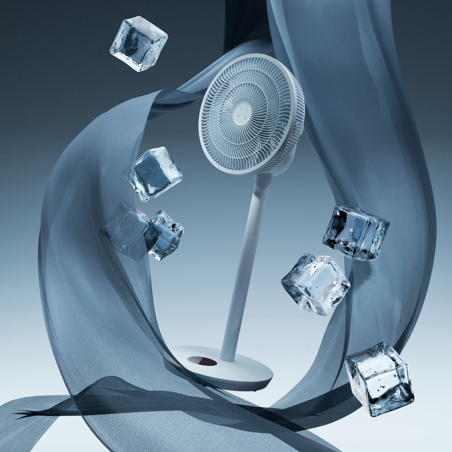 Un ventilateur blanc flotte parmi des glaçons et un tissu bleu.