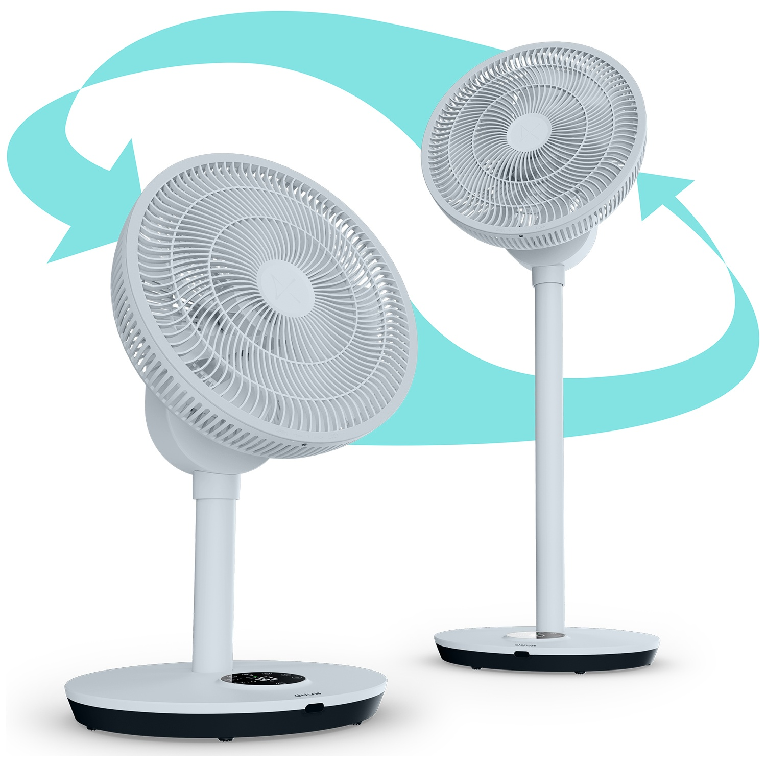 Deux ventilateurs sur pied blancs avec des flèches turquoise indiquant la circulation de l'air.
