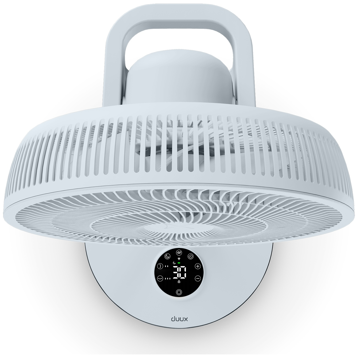 Un ventilateur blanc avec poignée et écran numérique, fixé au mur.