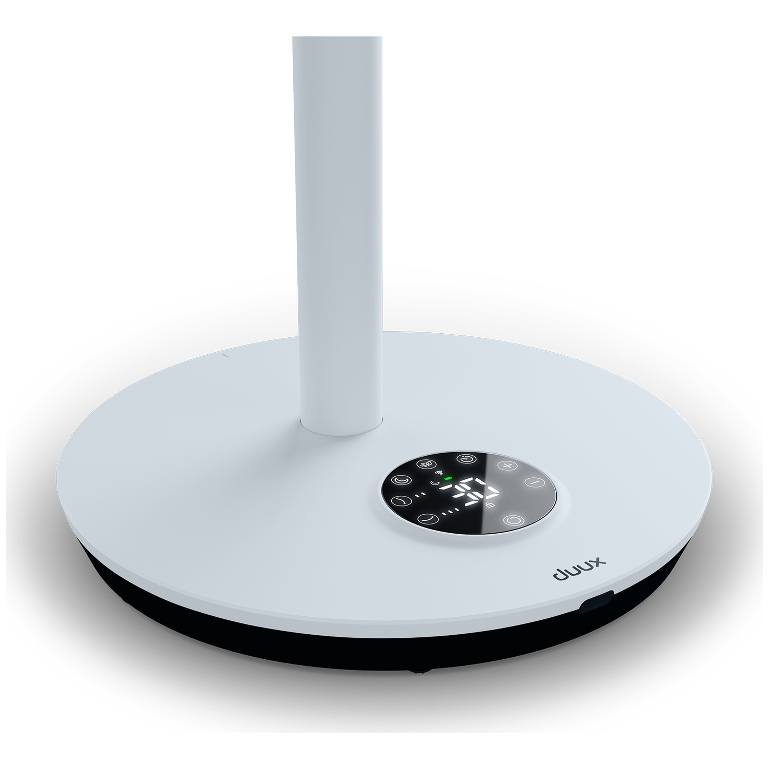 Base blanche de ventilateur avec socle noir et écran numérique.