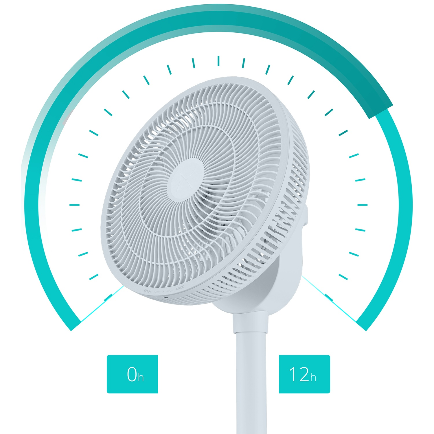 Un ventilateur blanc avec un arc de minuterie bleu indiquant 0h et 12h.