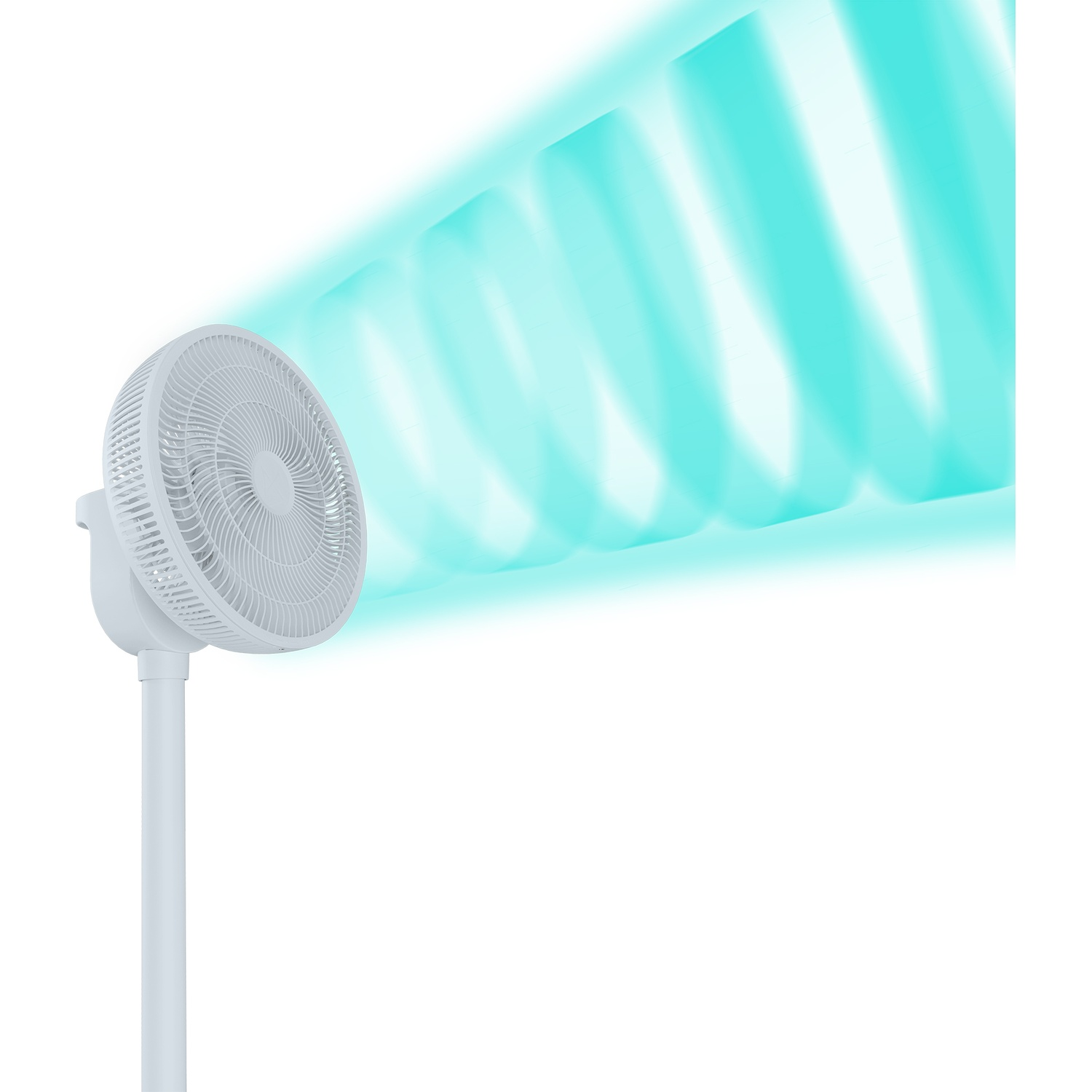 Un ventilateur sur pied blanc génère un flux d'air bleu.