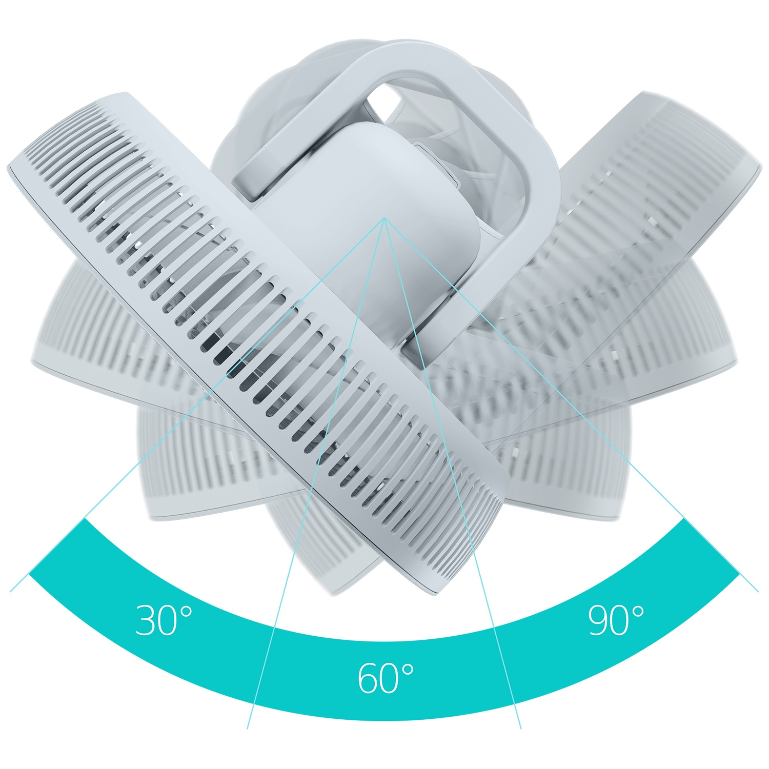 Un ventilateur blanc avec trois ailes réglables montrant des angles de 30°, 60° et 90°.