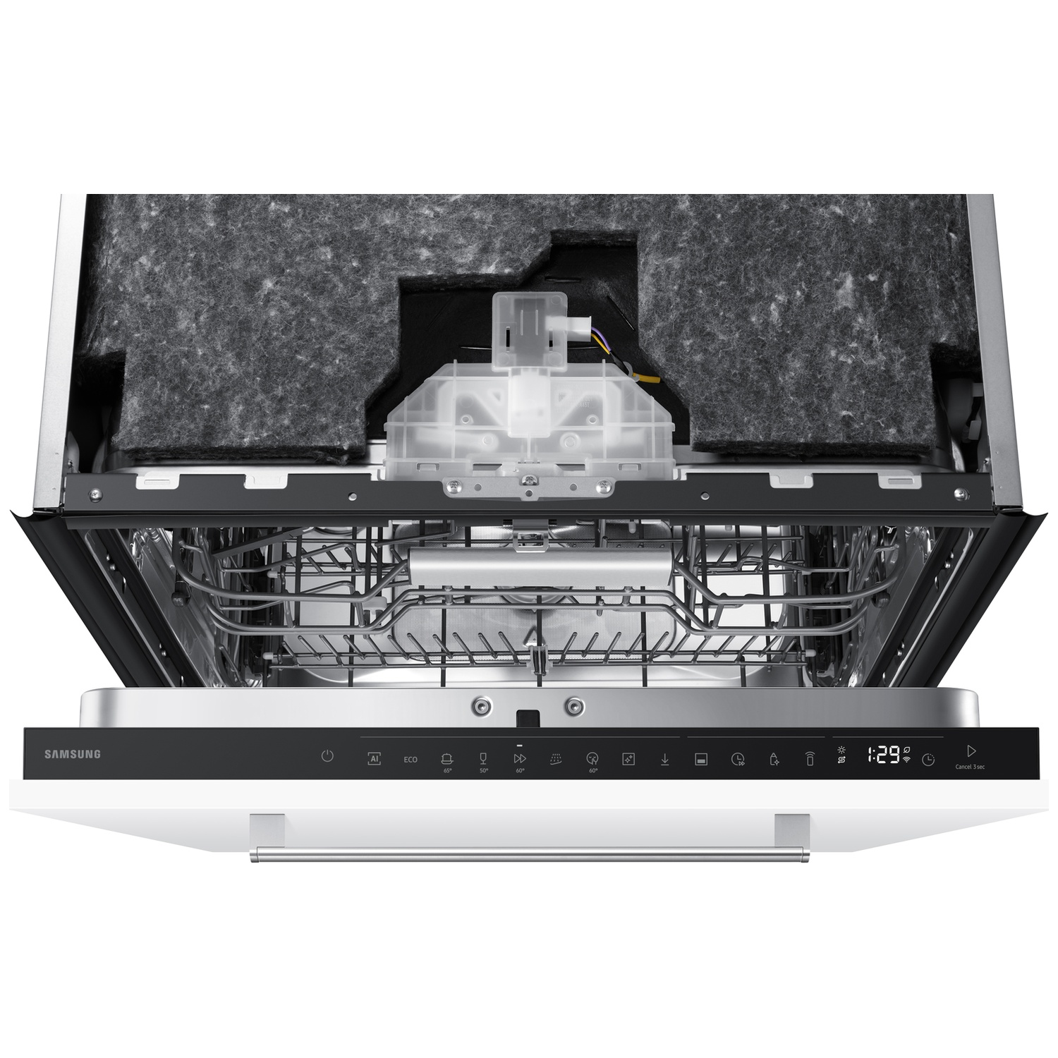 Open dishwasher interior with control panel, racks, and insulation visible. Samsung logo.