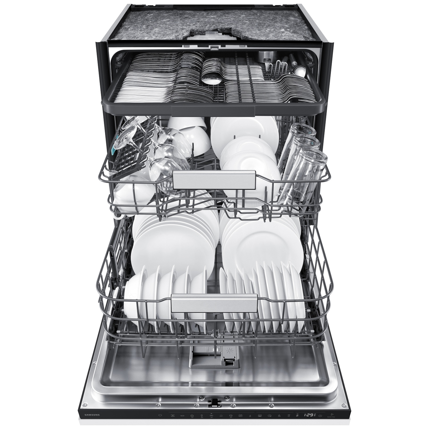 An open dishwasher with two racks, filled with white plates, glasses, and cutlery.