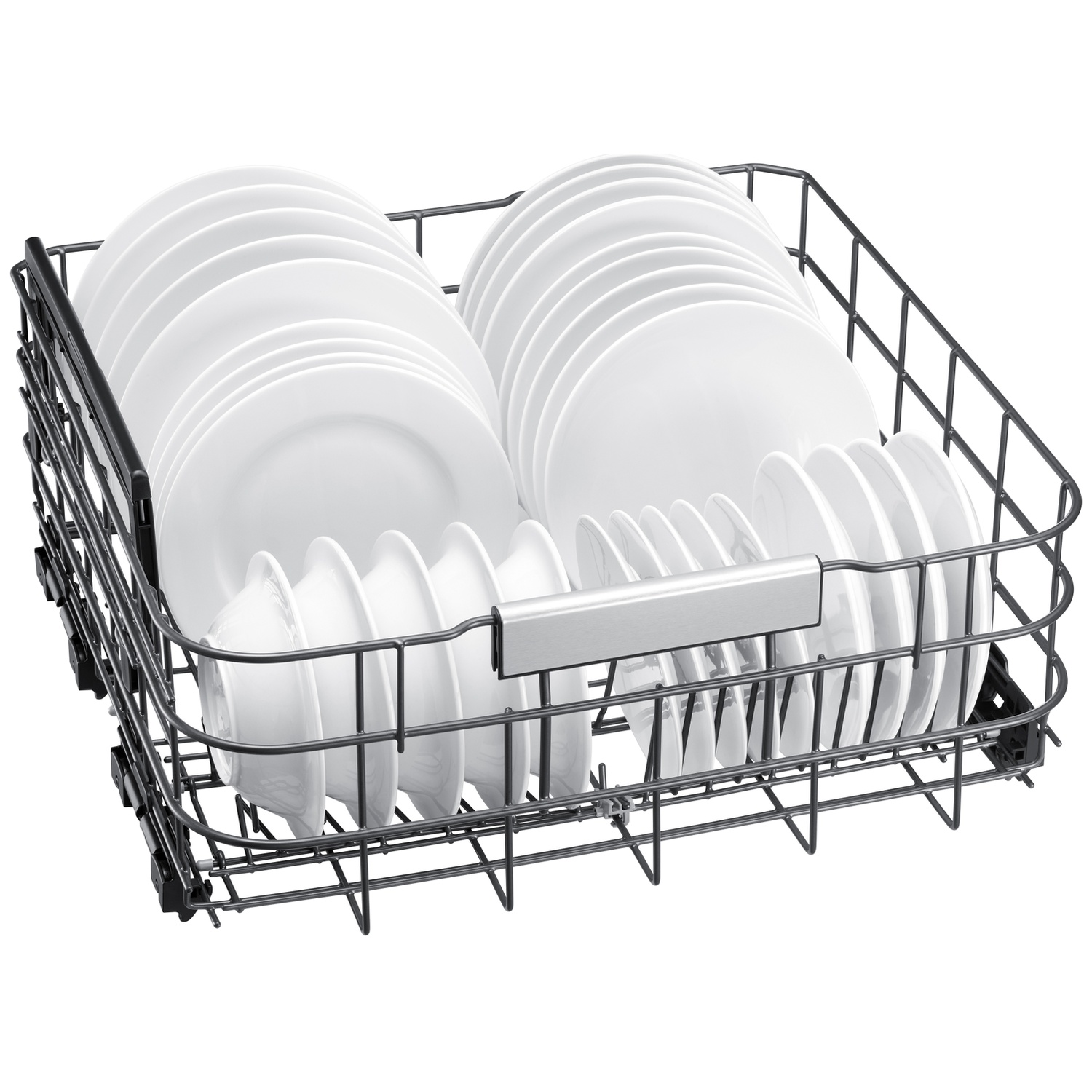 An upper dishwasher rack filled with white plates and bowls.