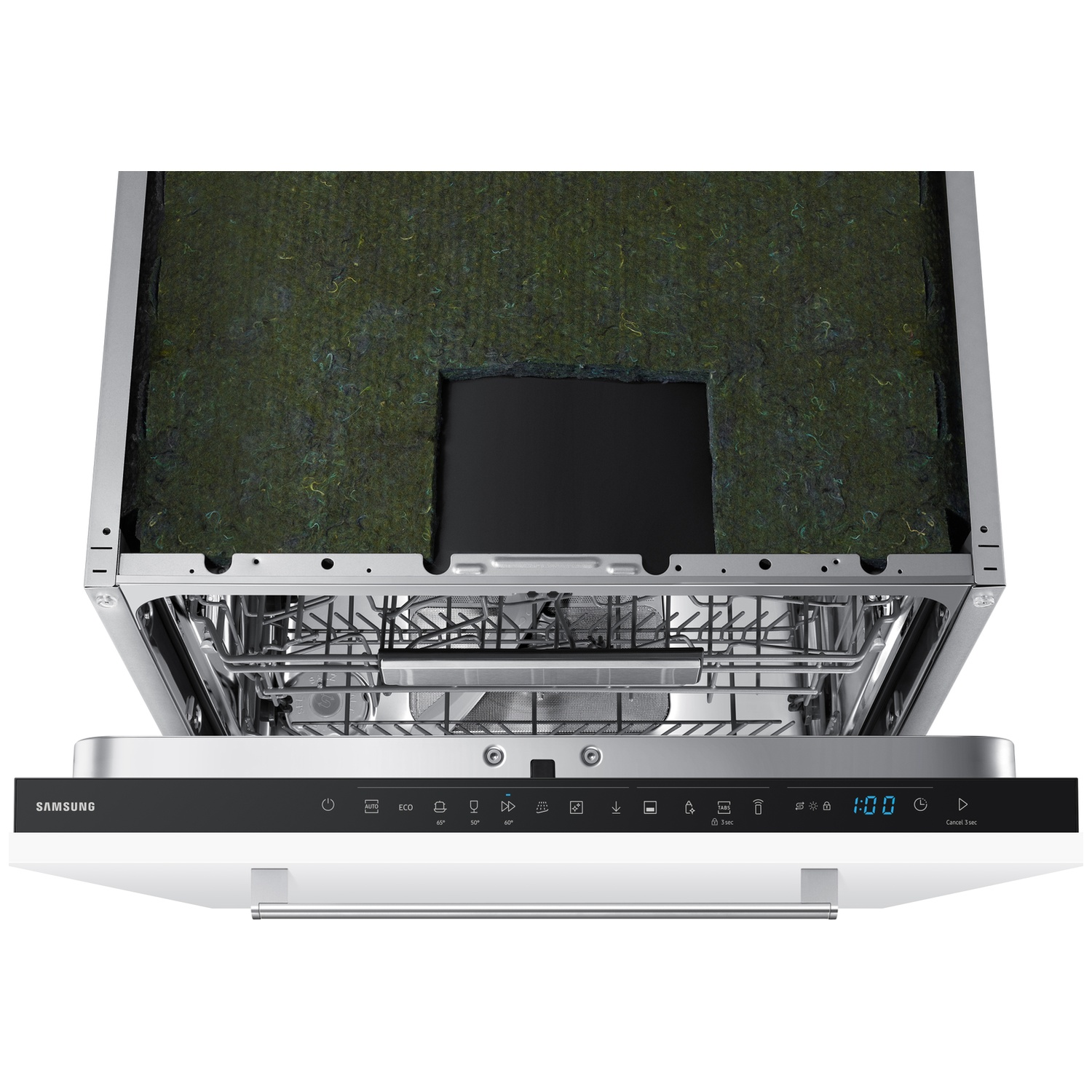 Open vaatwasser met zichtbare isolatie en bedieningspaneel met digitaal display.