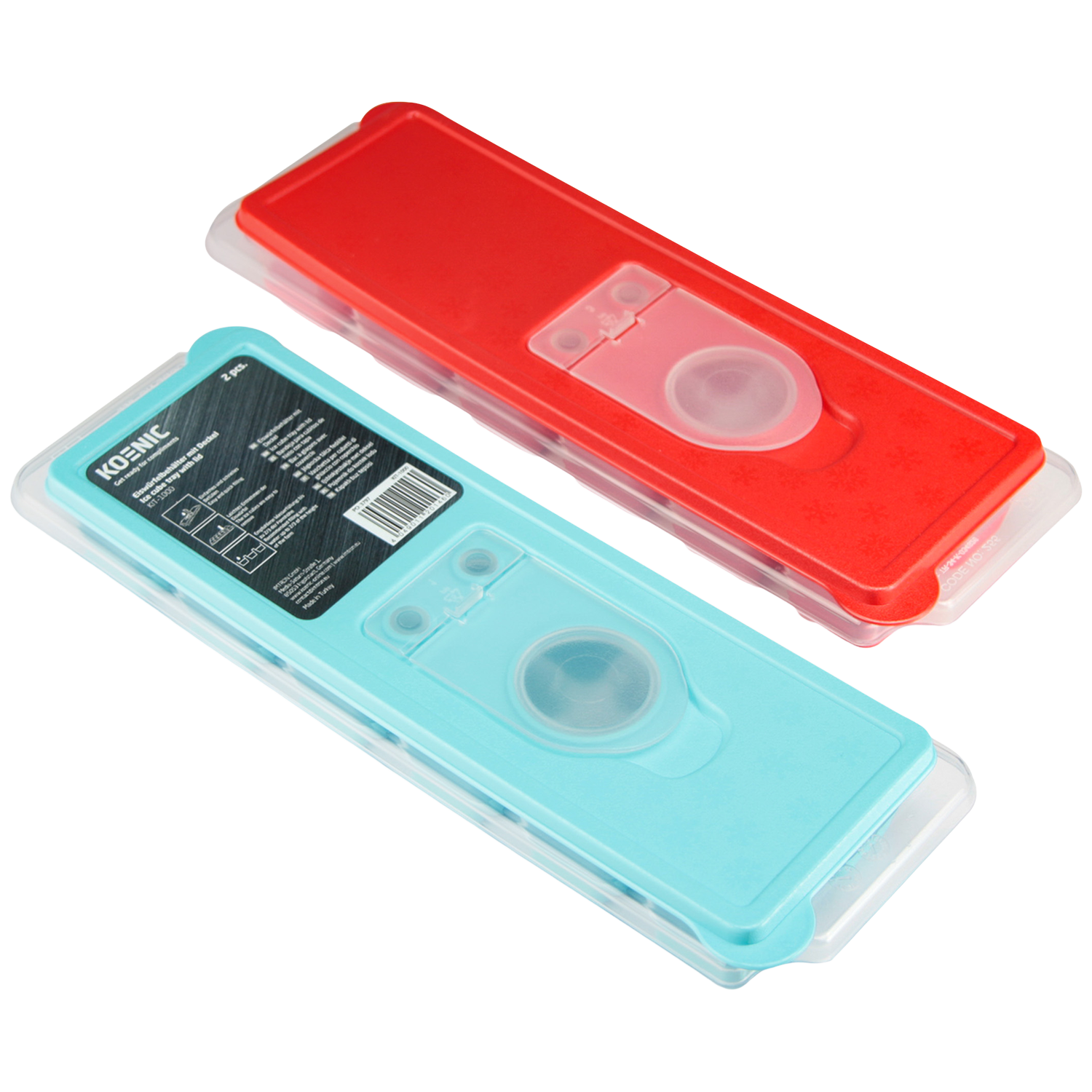 Deux bacs à glaçons avec couvercle, un rouge, un bleu.
