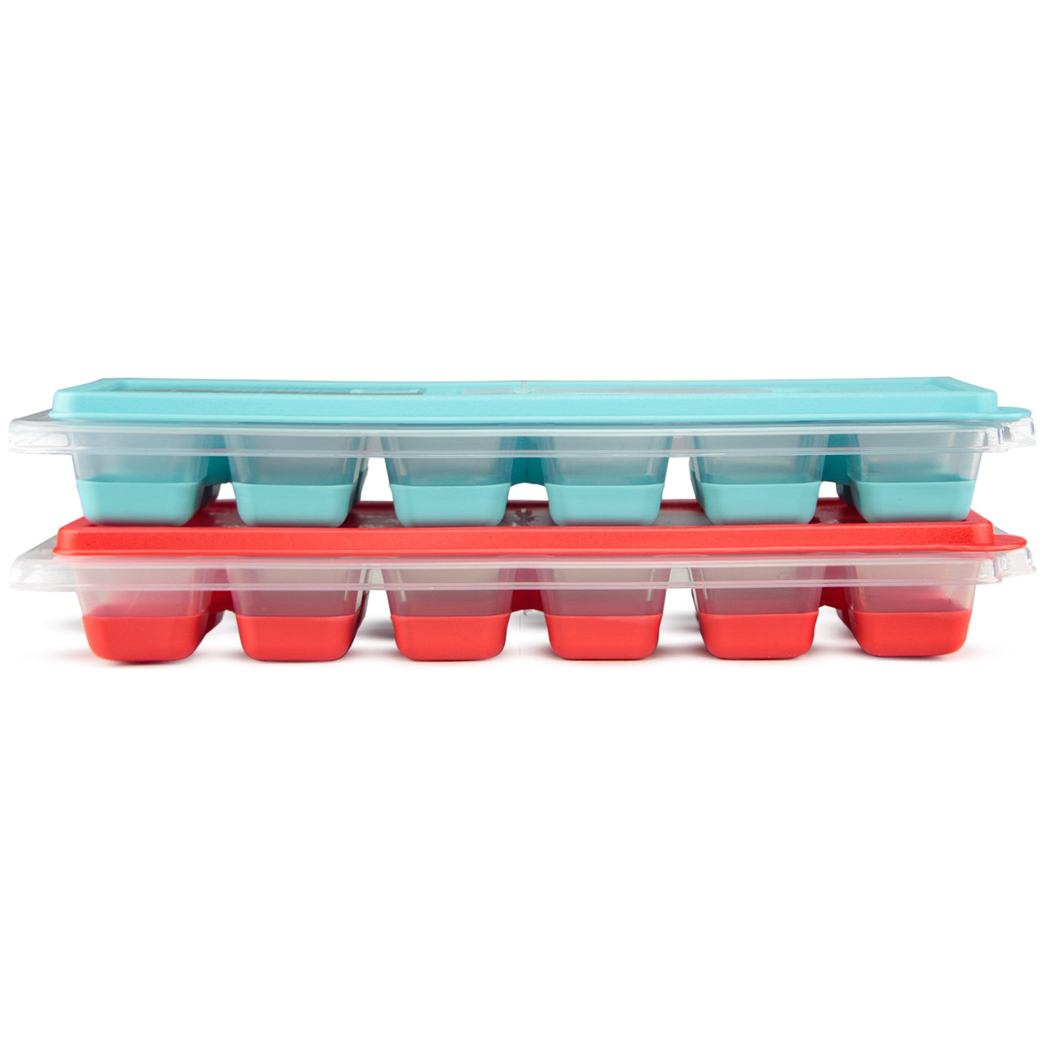 Deux bacs à glaçons empilés, un bleu dessus, un rouge dessous, sur fond blanc.