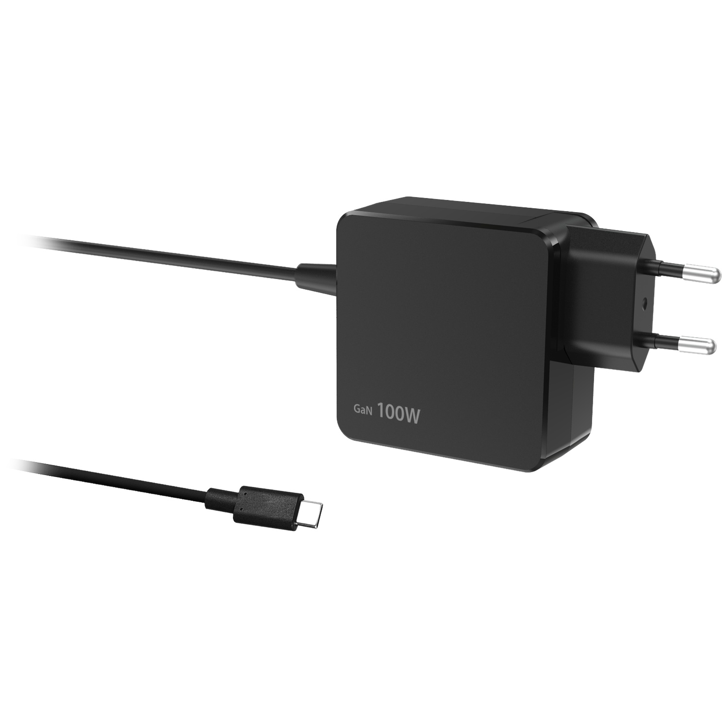 Chargeur USB-C GaN noir 100W avec deux câbles.