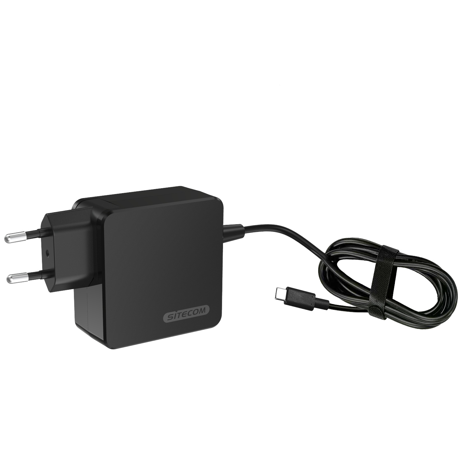 Adaptateur secteur noir avec câble USB-C, sur fond blanc.