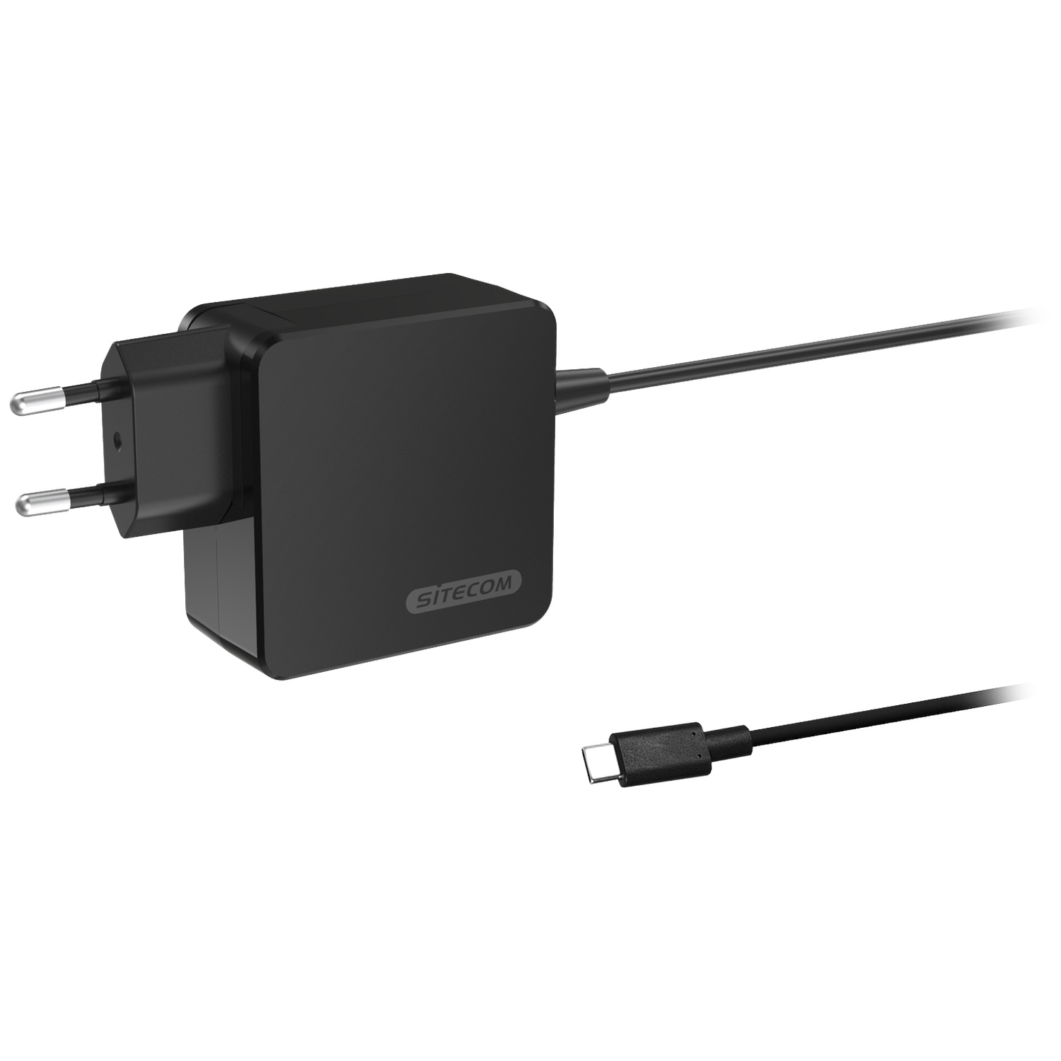 Adaptateur secteur noir avec câble USB-C sur fond blanc.