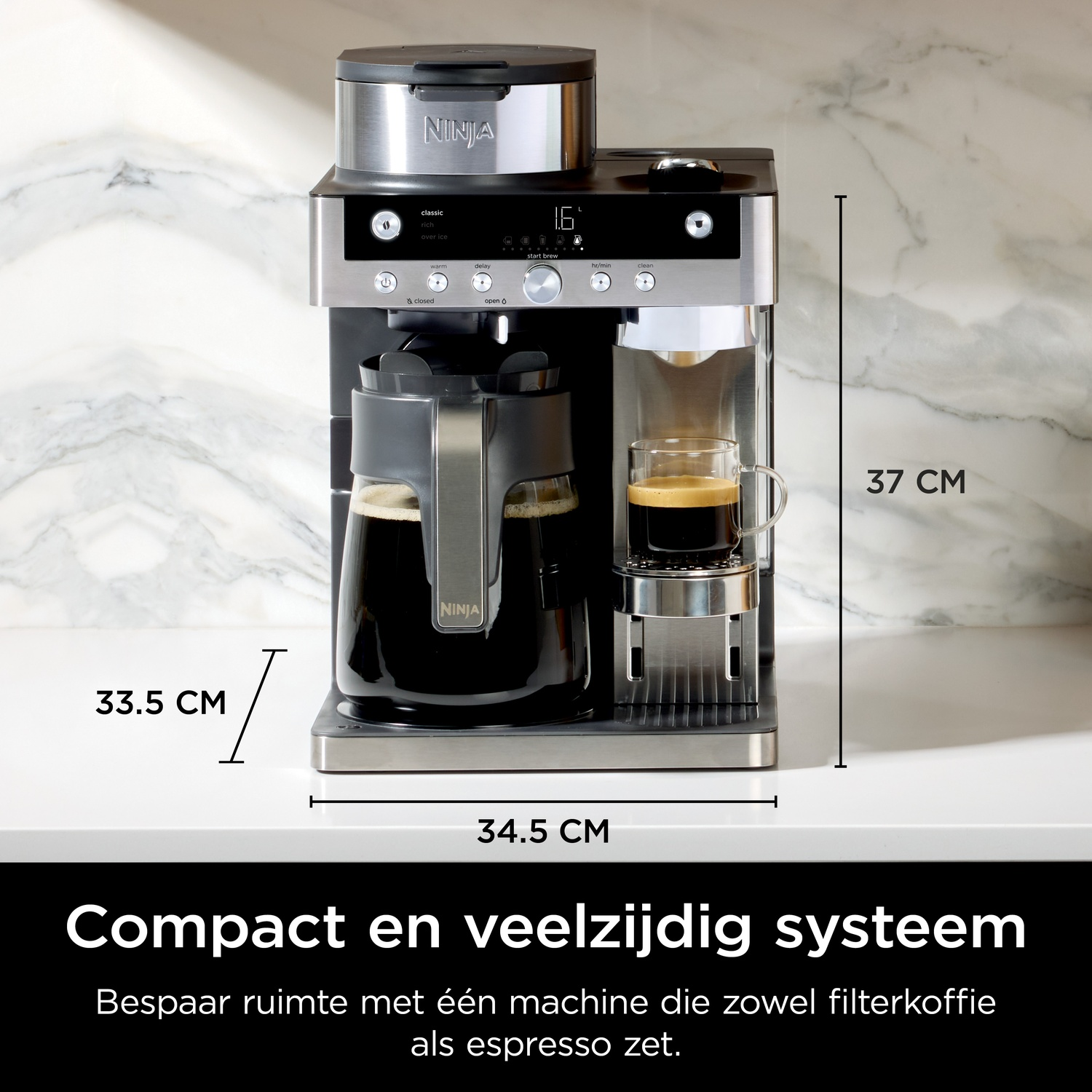 Modern Ninja coffee machine with glass carafe and espresso cup, 37cm tall.