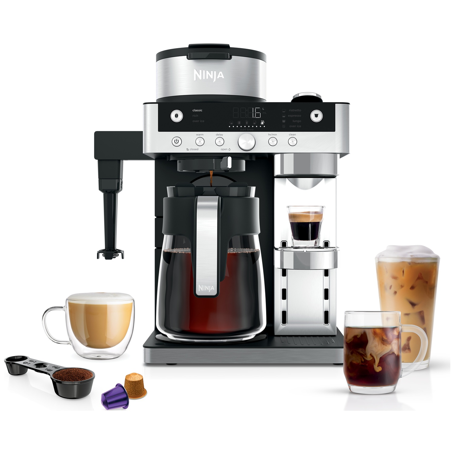 A Ninja coffee maker with a carafe, cups, coffee, and pods.