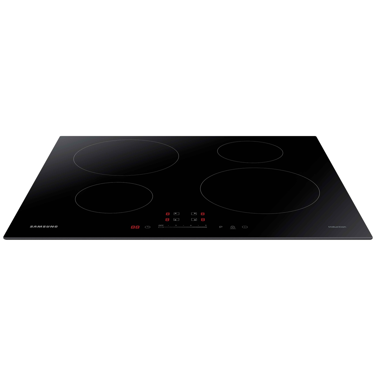 Black induction cooktop with four cooking zones and digital controls.