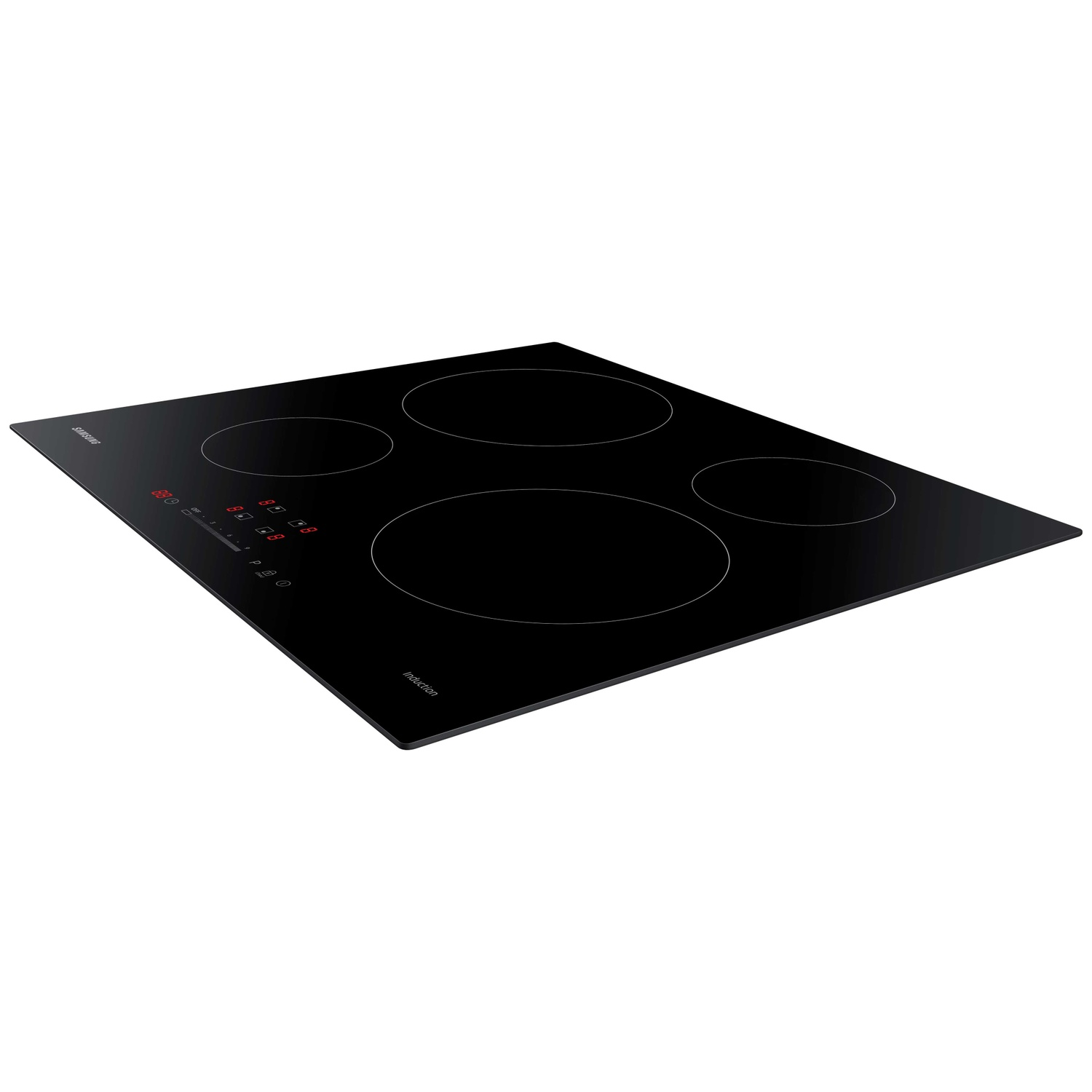 Black induction cooktop with four cooking zones and touch controls.