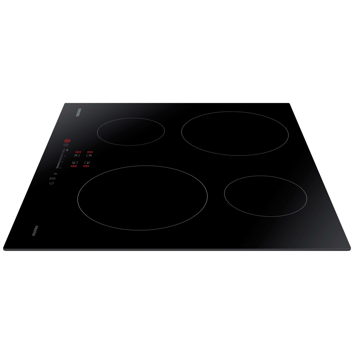 Black induction hob with four cooking zones and a touch control panel.