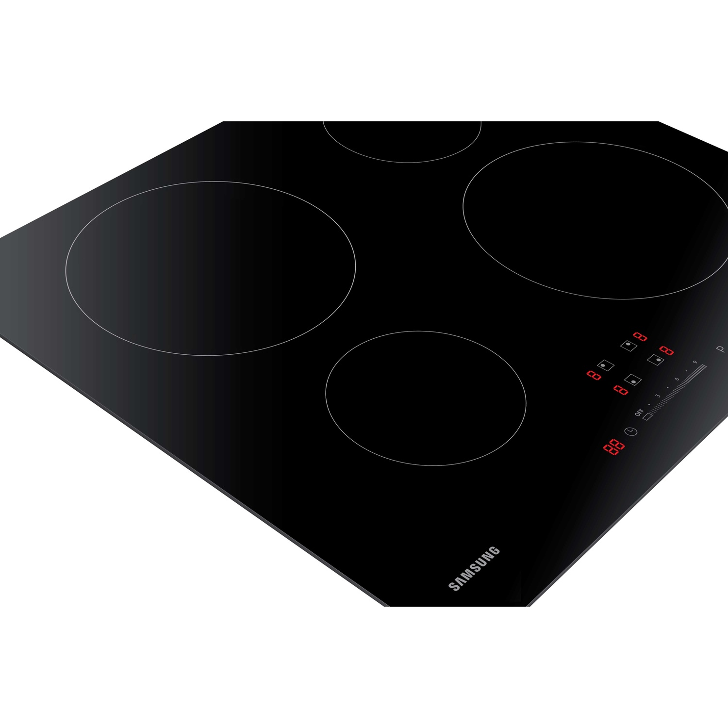 Black glass ceramic hob with four cooking zones and digital controls.
