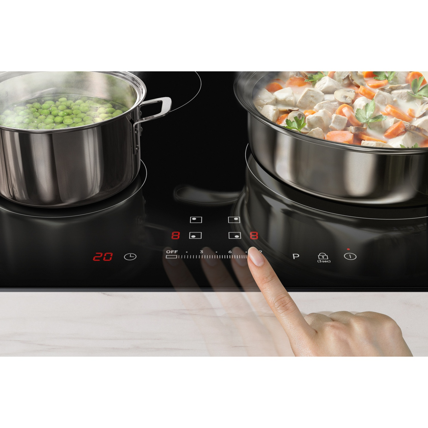 A stovetop with two pots; one with peas, the other with chicken and carrots.