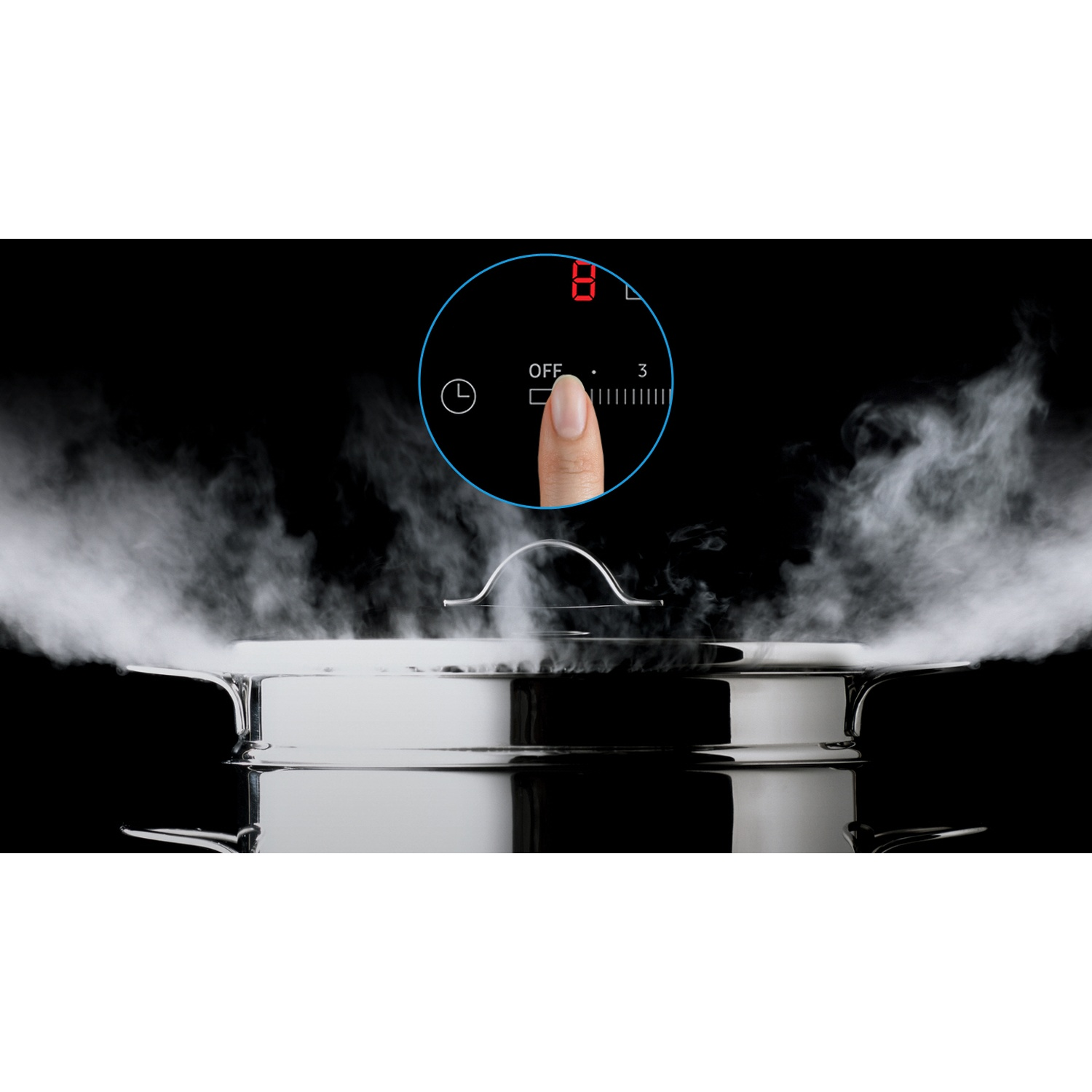 A finger touches the control panel above a steaming pot.