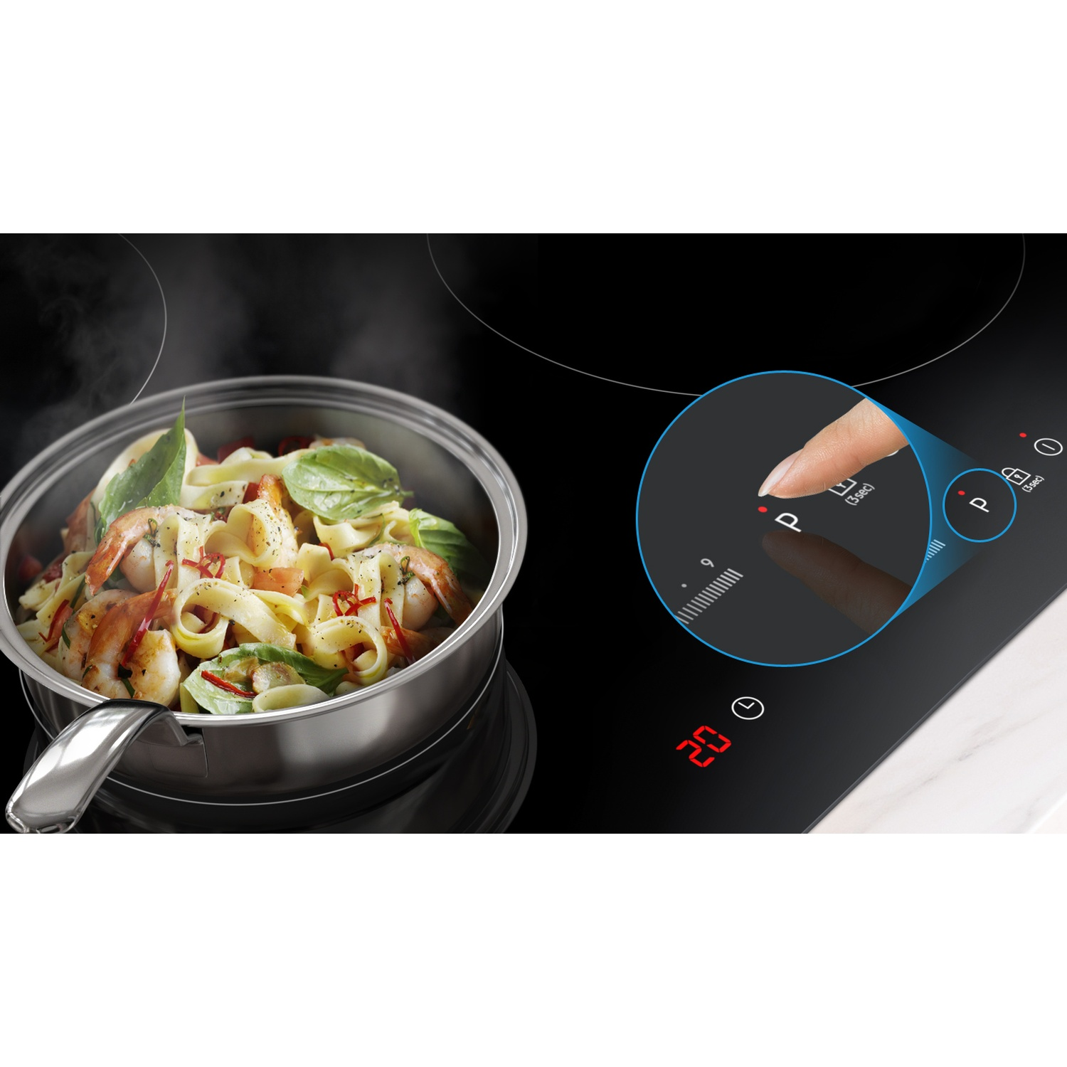 A pot of shrimp pasta steams on an induction cooktop, with a close-up inset.