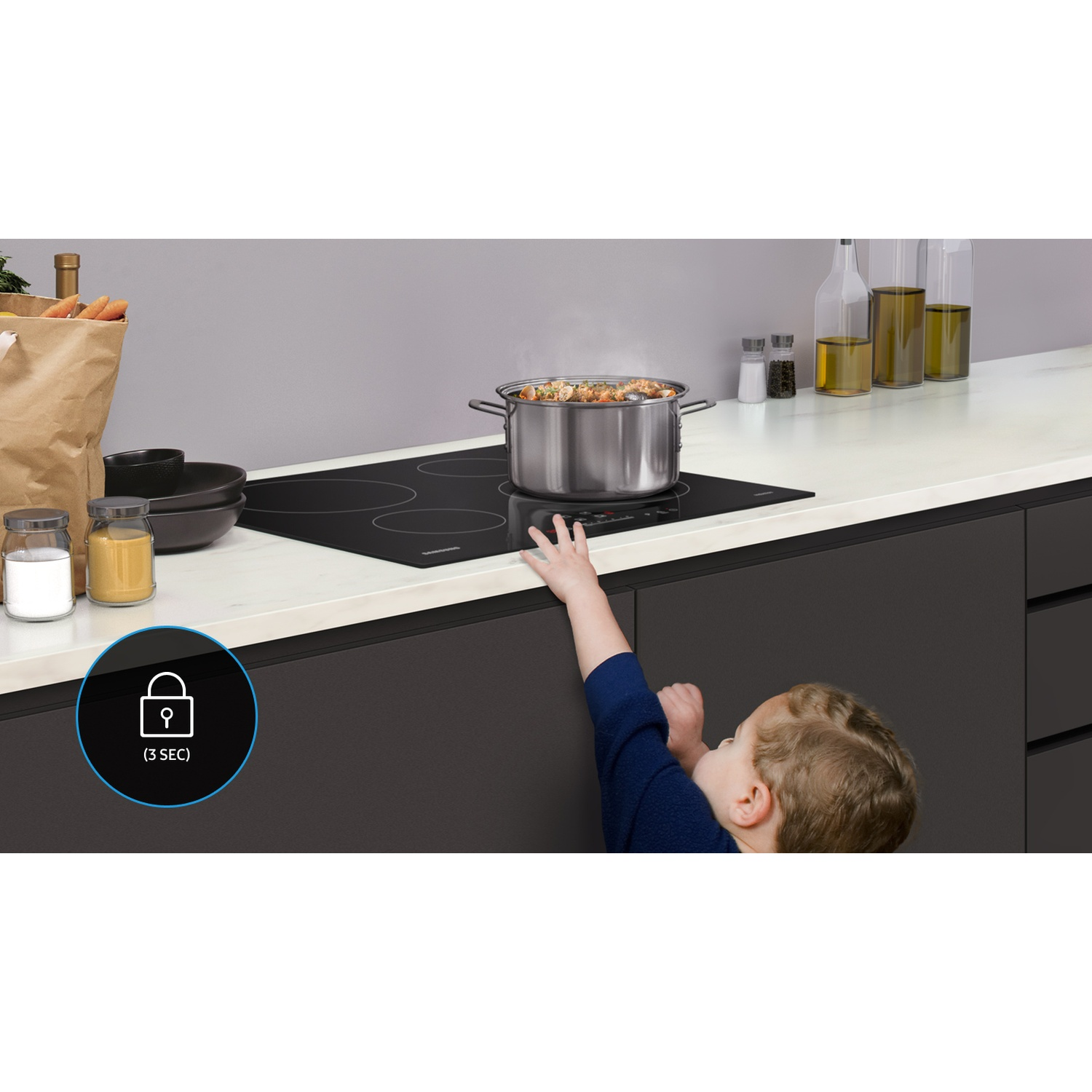 A child reaches for a pot on a stovetop; a lock icon is displayed.