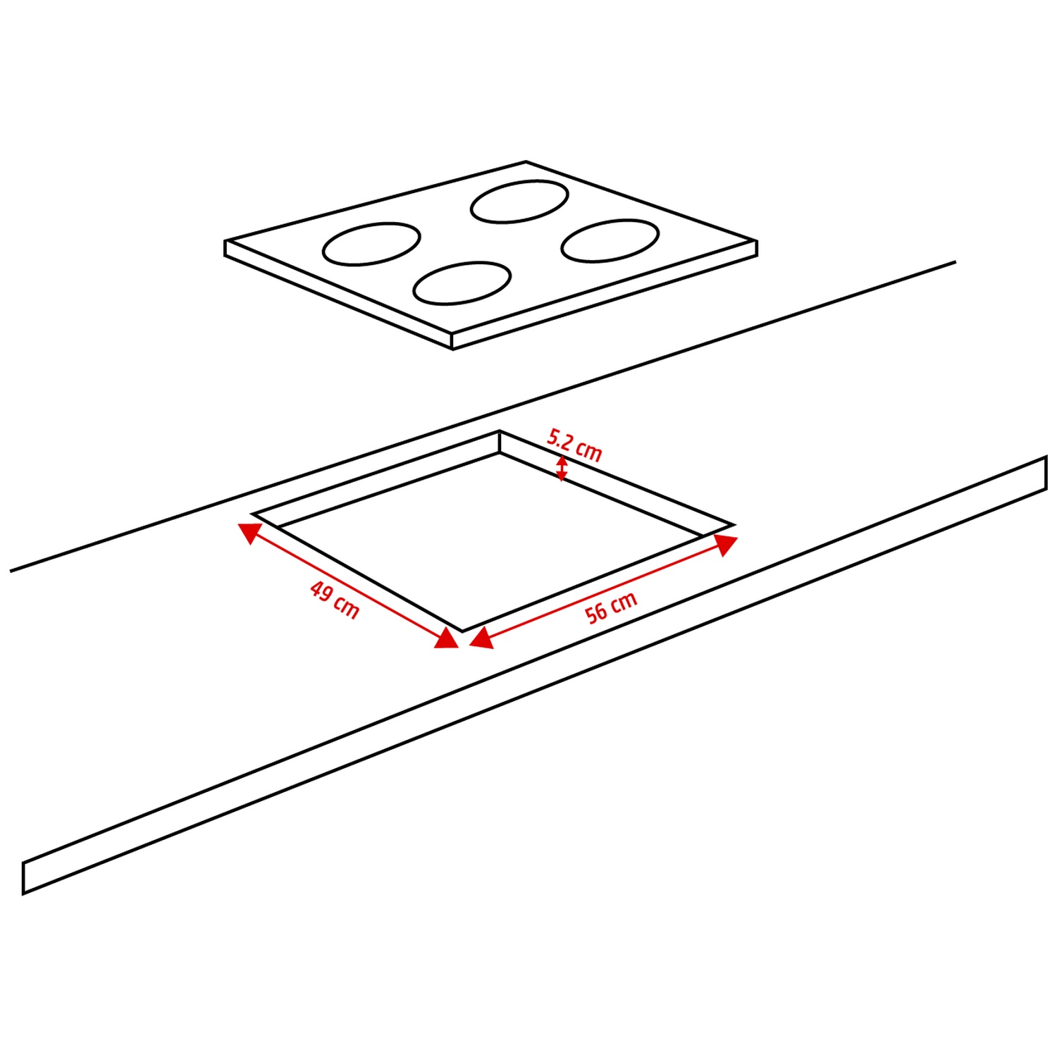 Cooktop installation diagram showing dimensions 49cm x 56cm and 5.2cm depth.