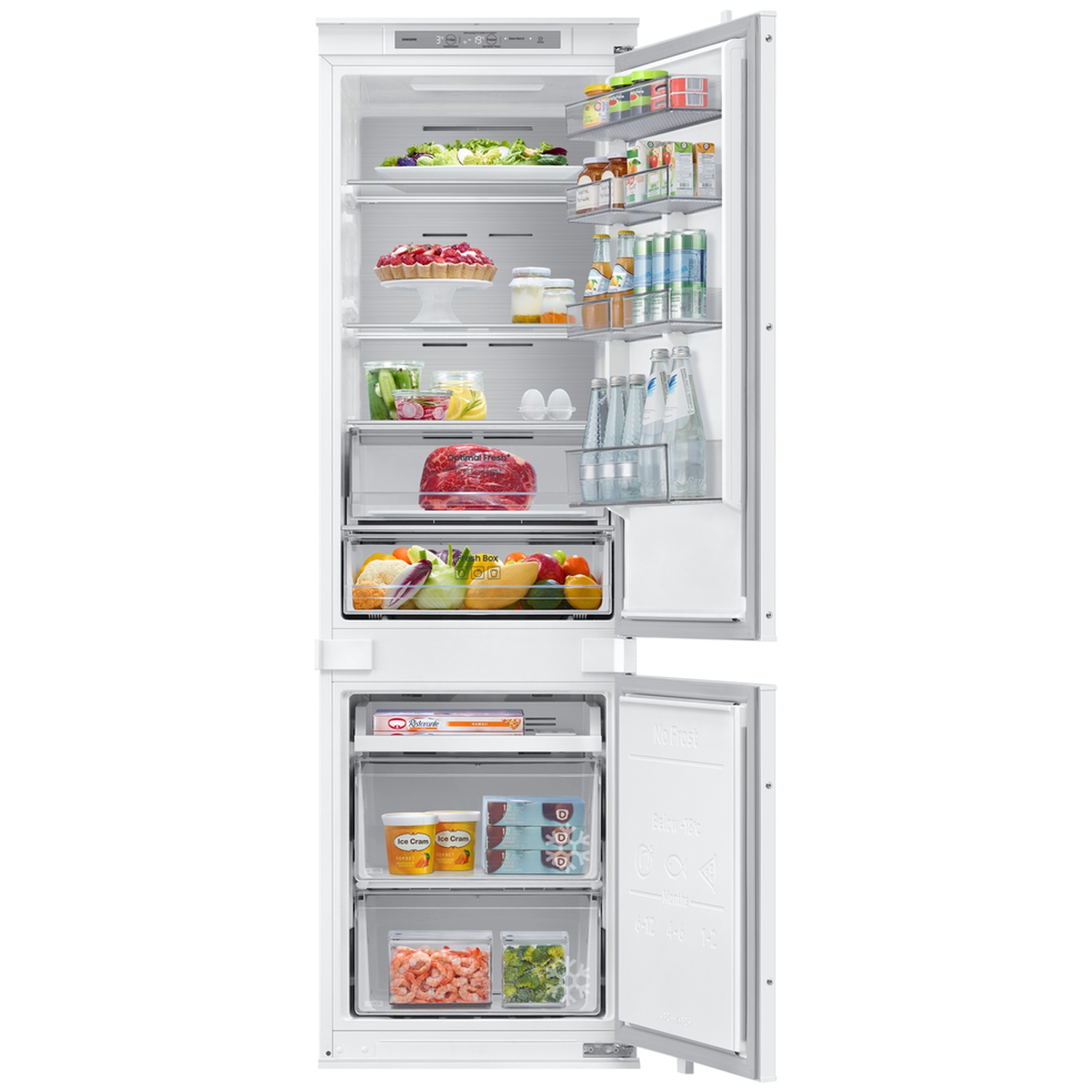Open white refrigerator with shelves of food: fruits, vegetables, meat, drinks, ice cream.