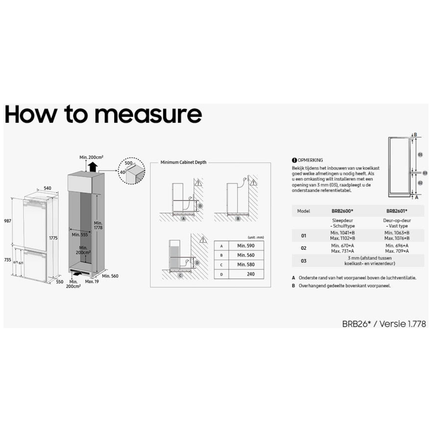 Instructions for measuring a built-in refrigerator with dimensions and tables.