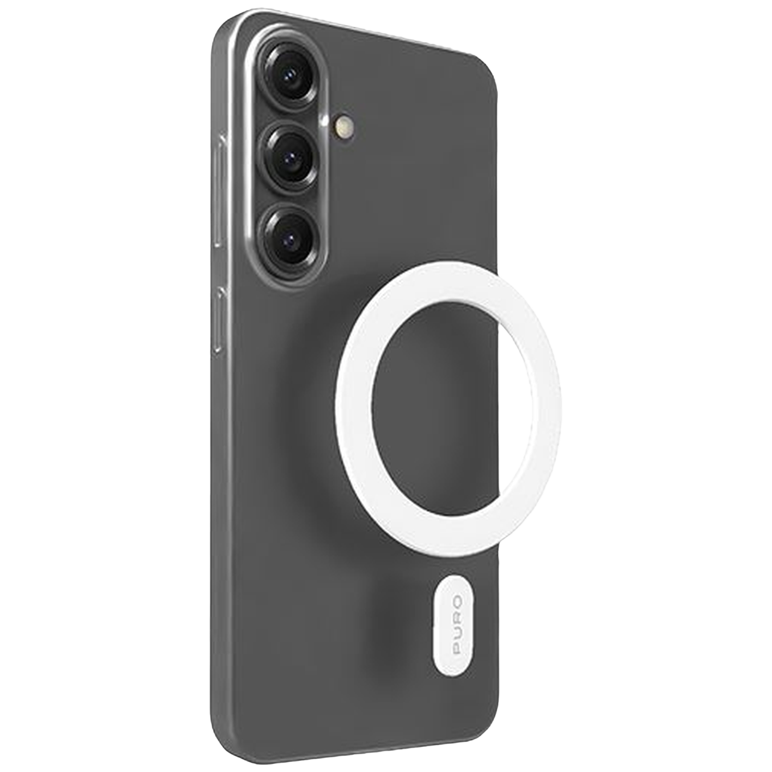 Un téléphone gris avec trois caméras et un anneau blanc.