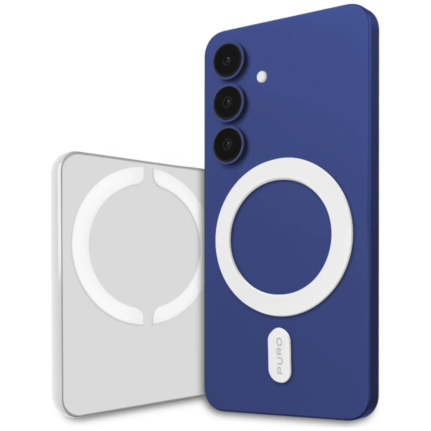 Un smartphone bleu à trois caméras à côté d'un accessoire de chargement blanc.