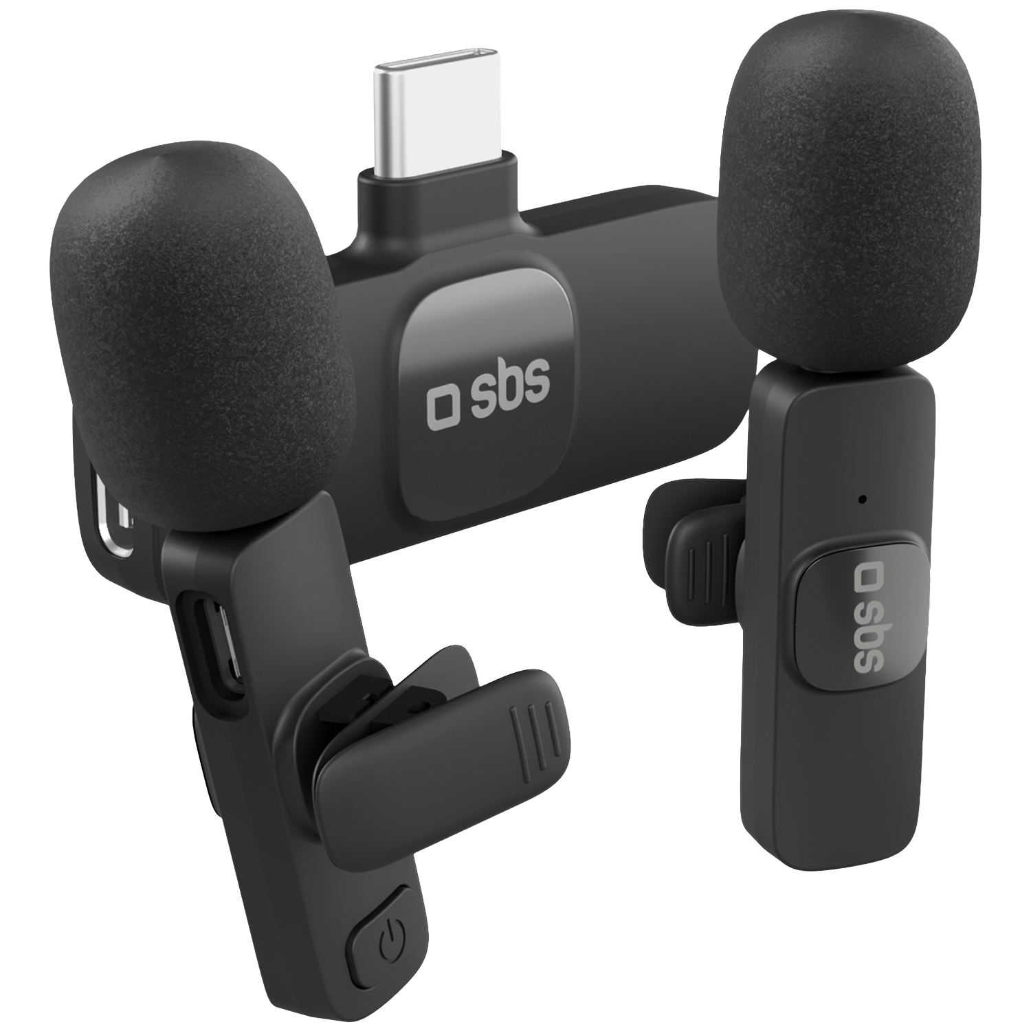 Twee zwarte dasspeldmicrofoons met USB-C connector en SBS logo.