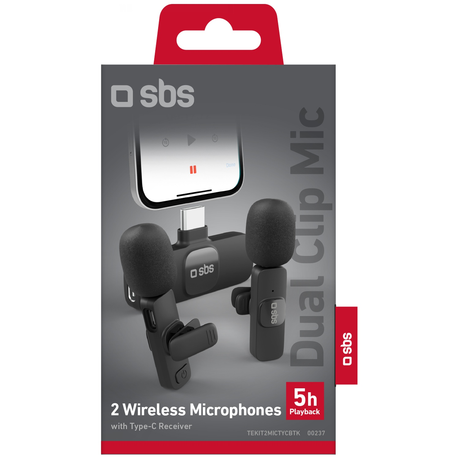 Verpakking voor 2 SBS Dual Clip microfoons met Type-C ontvanger, zwarte microfoons.