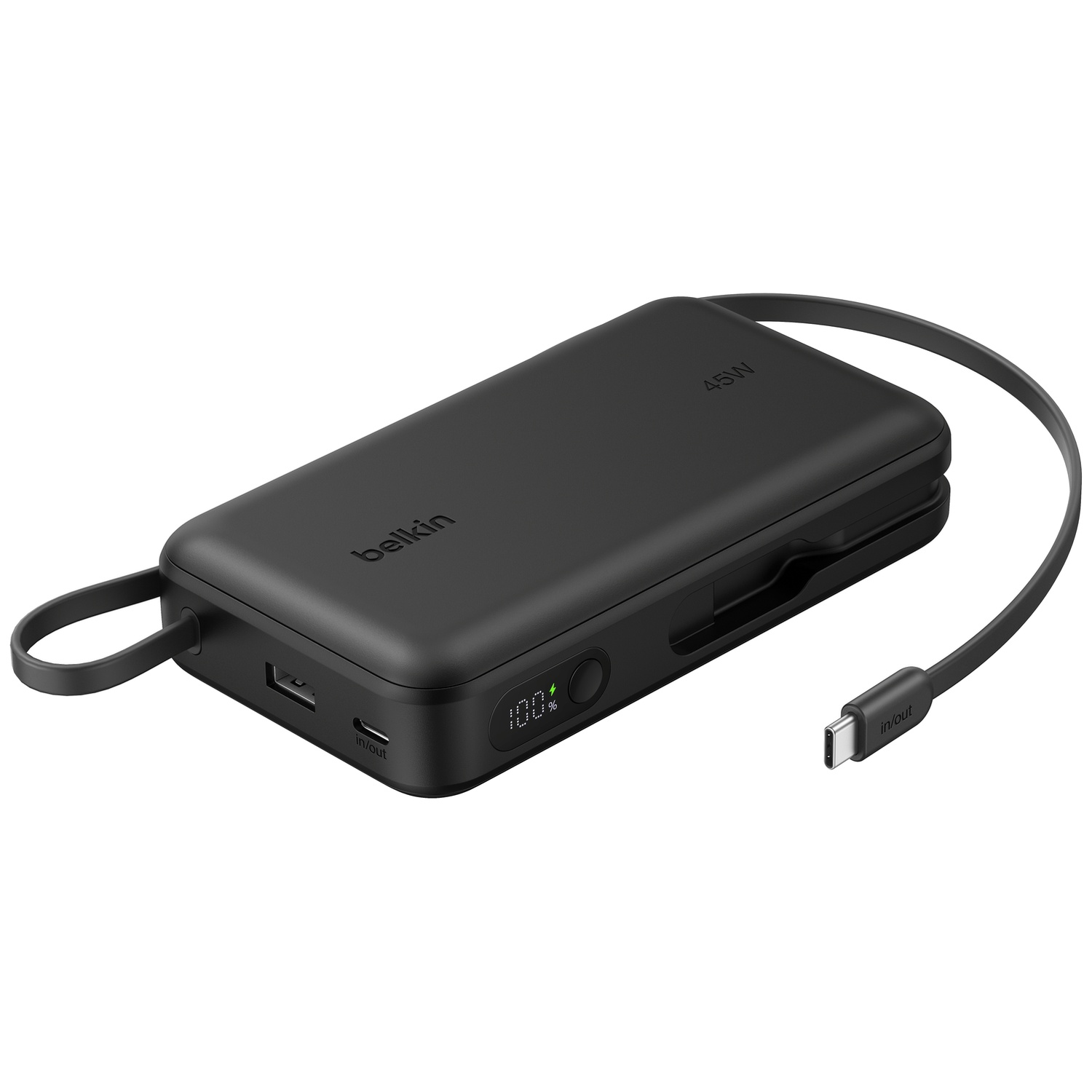Batterie externe Belkin noire avec câble et port USB-C, 45W.