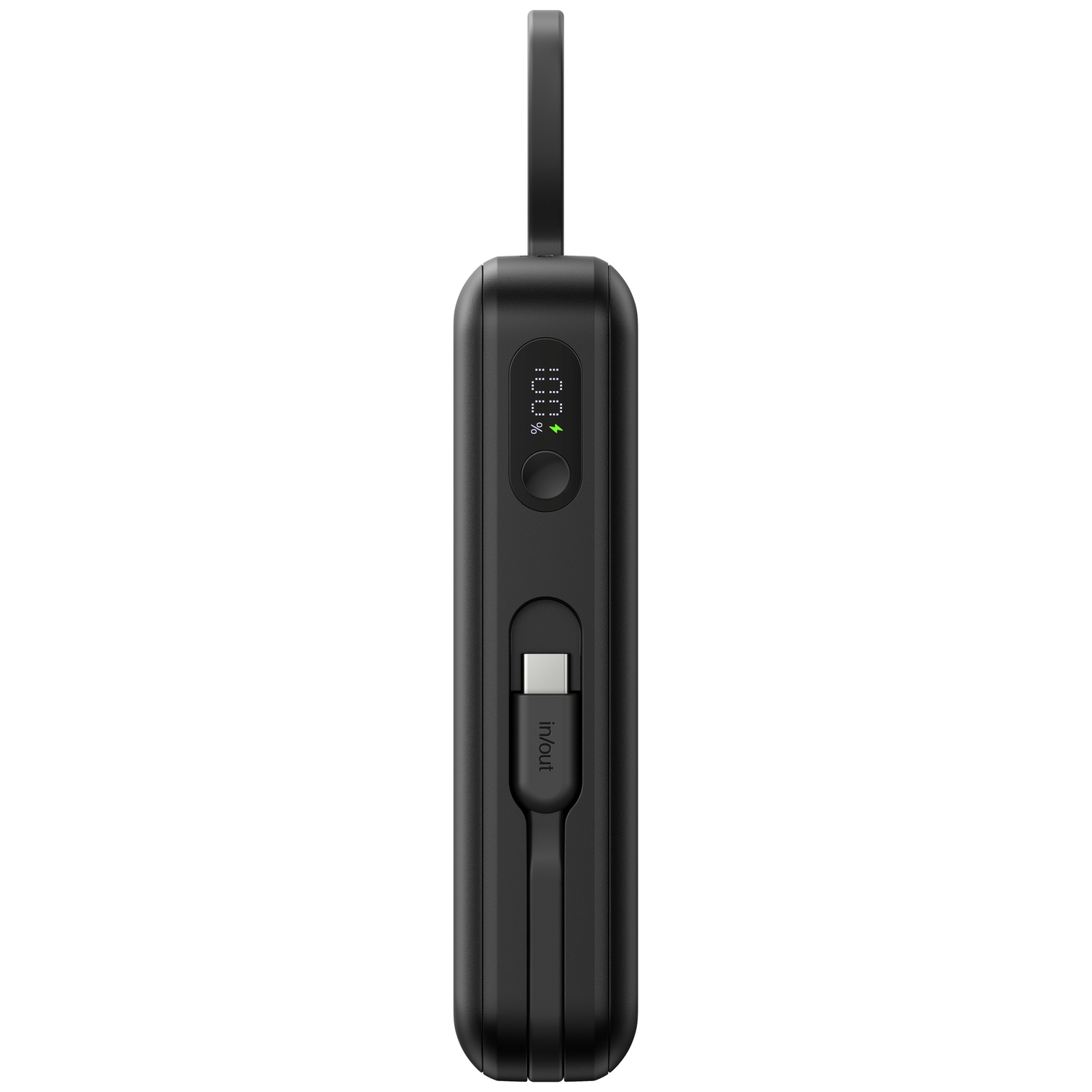 Batterie externe noire compacte avec écran numérique affichant 100 %.