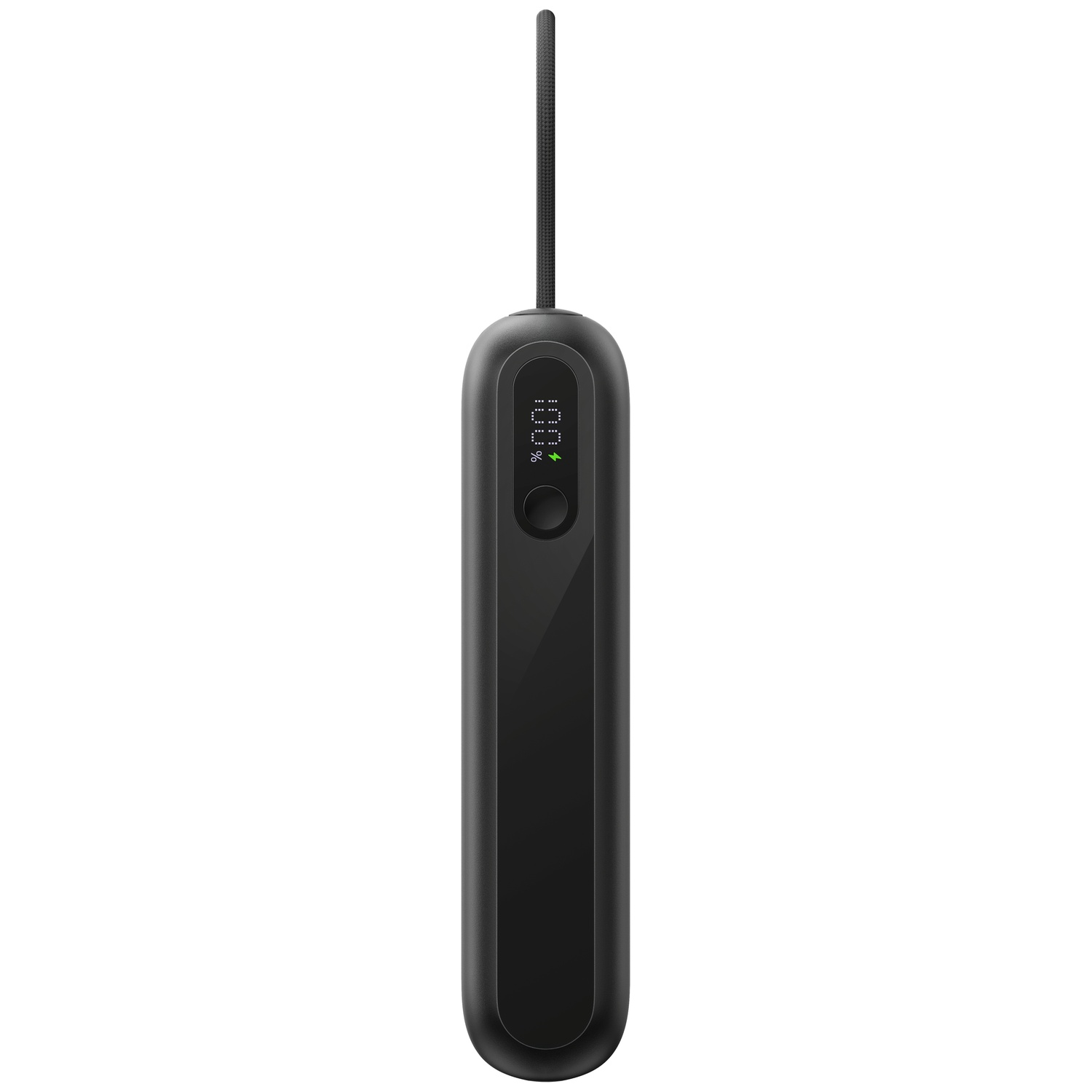 Compresseur d'air portable noir avec indicateur de charge de 100% et icône de charge.