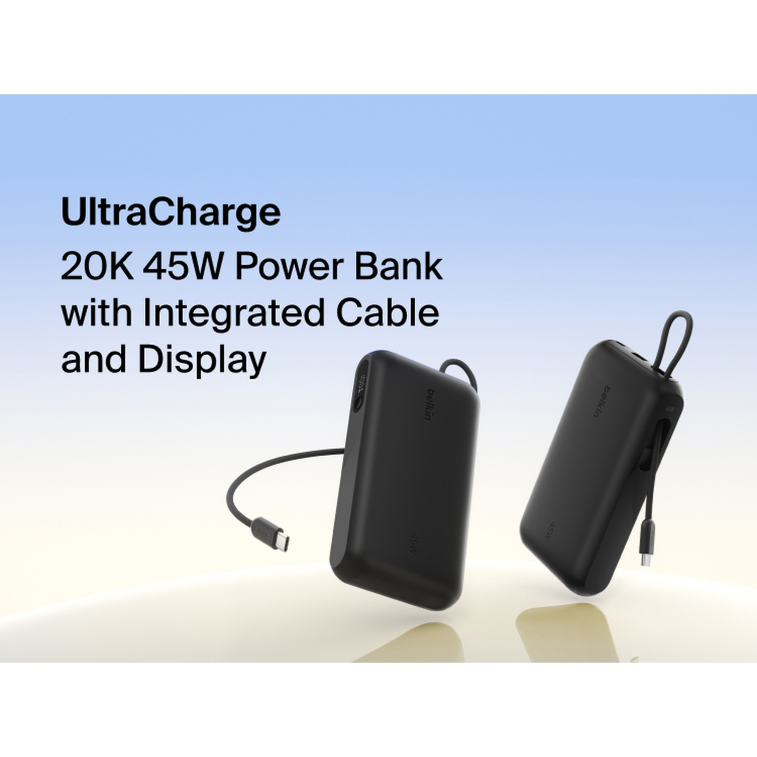 Deux batteries externes Belkin noires avec câble et écran intégrés.