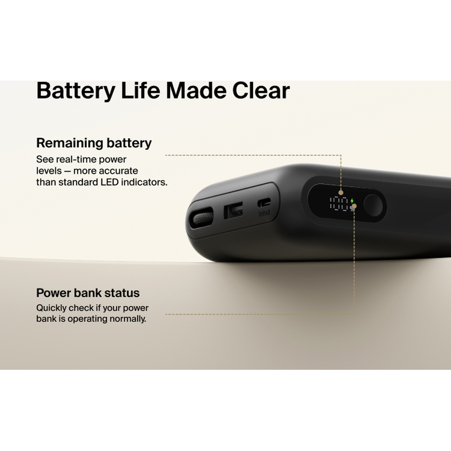Batterie externe noire avec écran numérique affichant 100% de batterie.