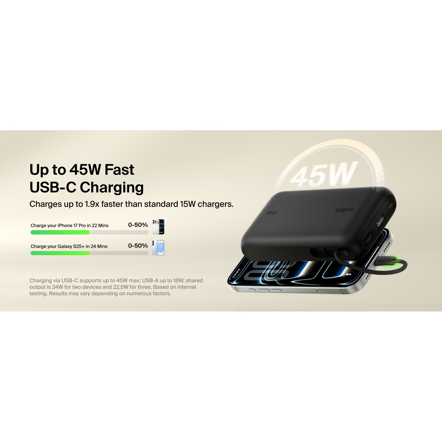 Batterie noire chargeant un iPhone avec charge rapide 45W. Temps pour 50%.