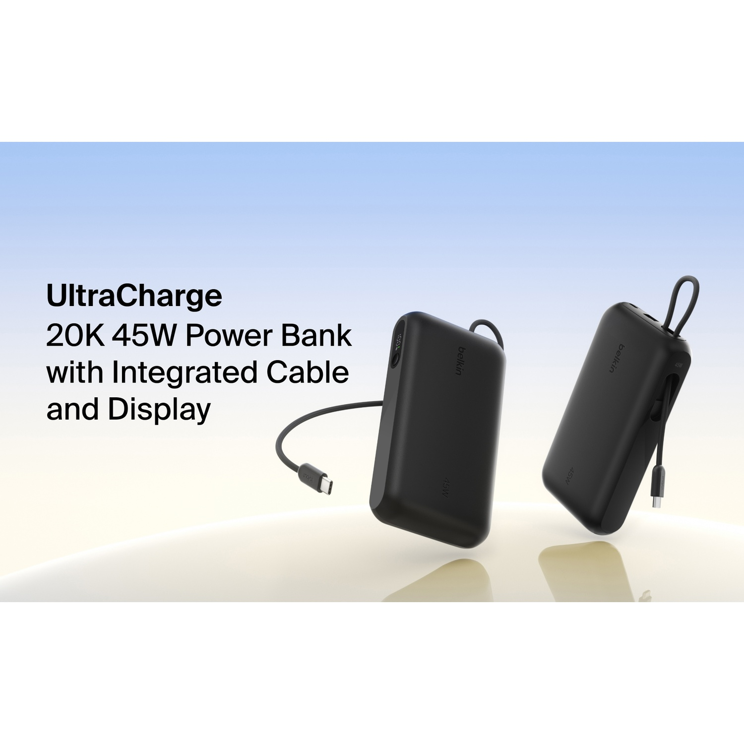 Deux batteries externes Belkin noires 20K 45W avec câble intégré et écran.
