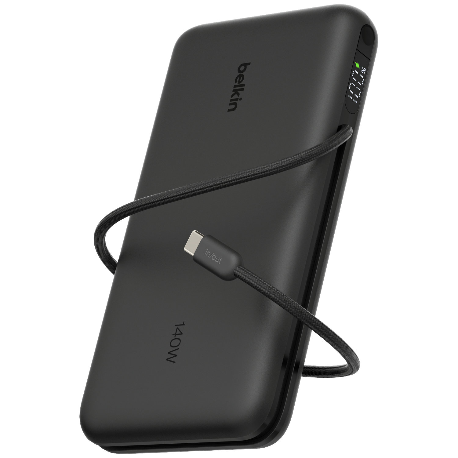 Batterie externe Belkin noire 140W avec câble USB-C et indicateur de charge à 100%.