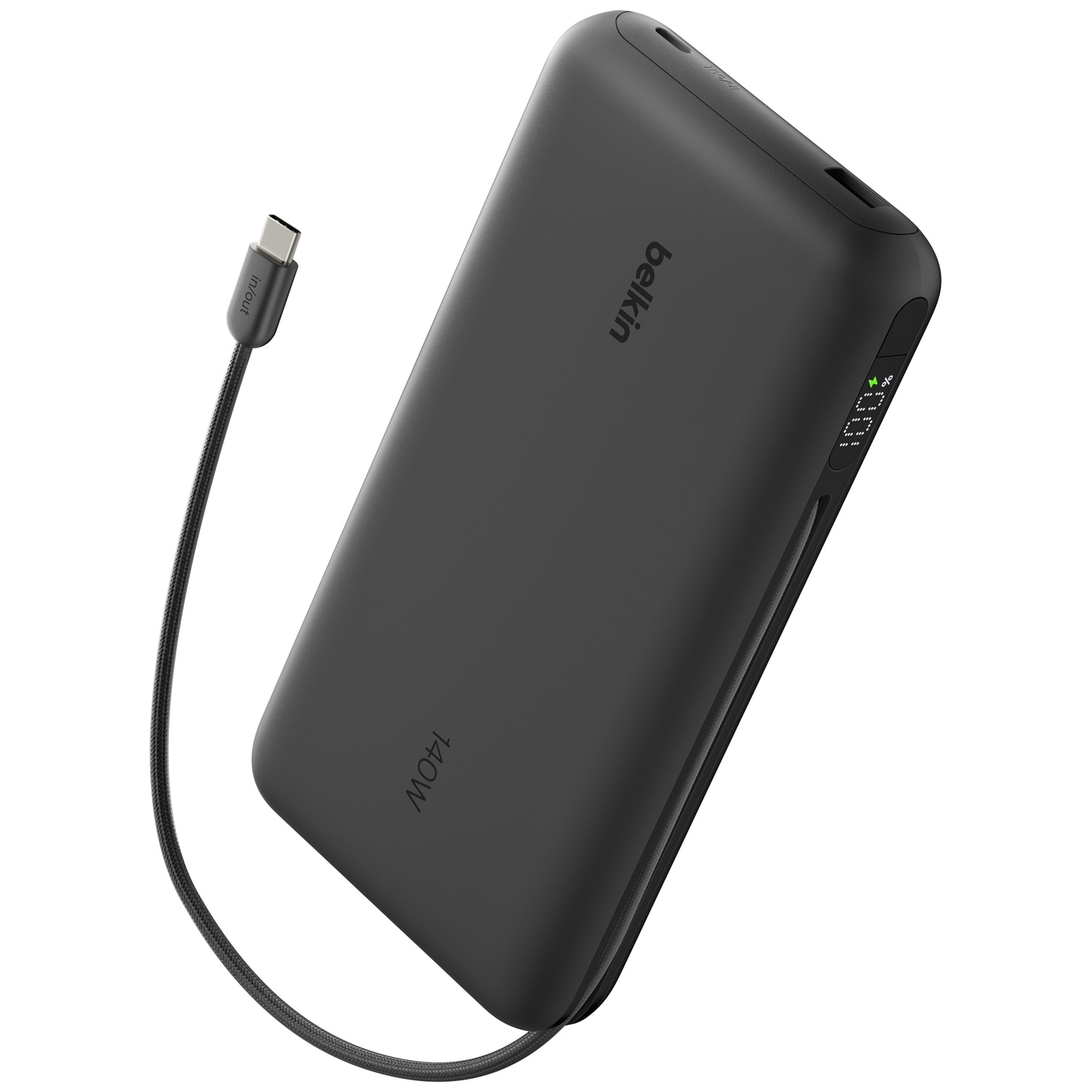 Batterie externe Belkin noire avec écran numérique et câble USB-C.