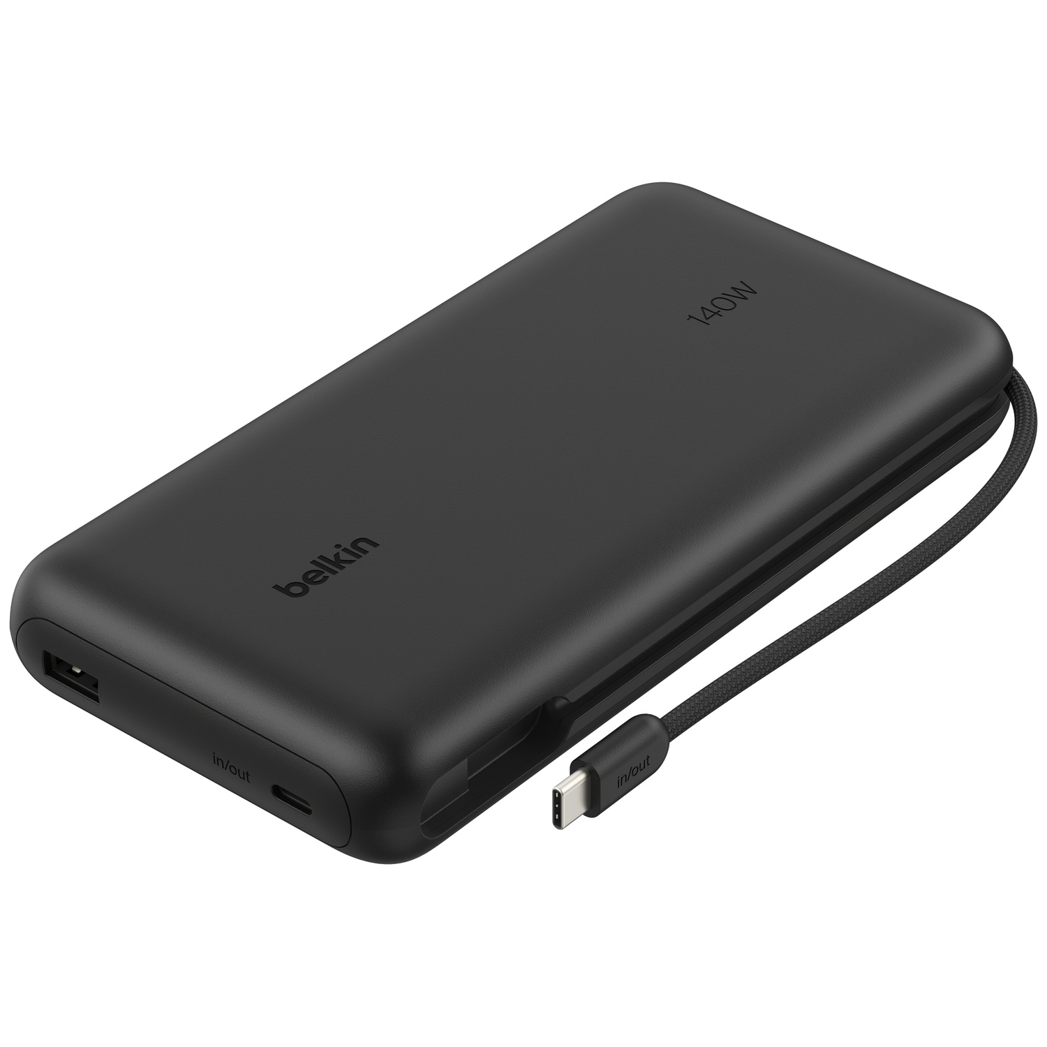 Batterie externe Belkin noire avec ports USB-A, USB-C et câble USB-C attaché.