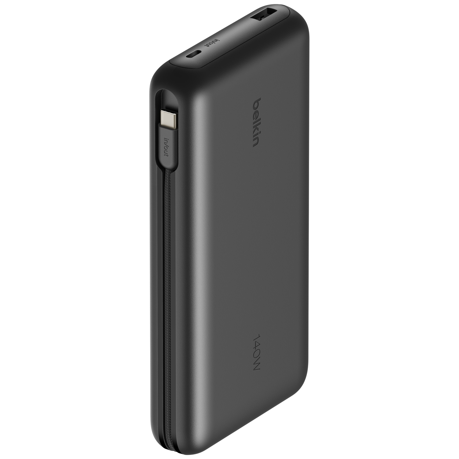 Batterie externe Belkin noire 140W, port USB-C et câble.